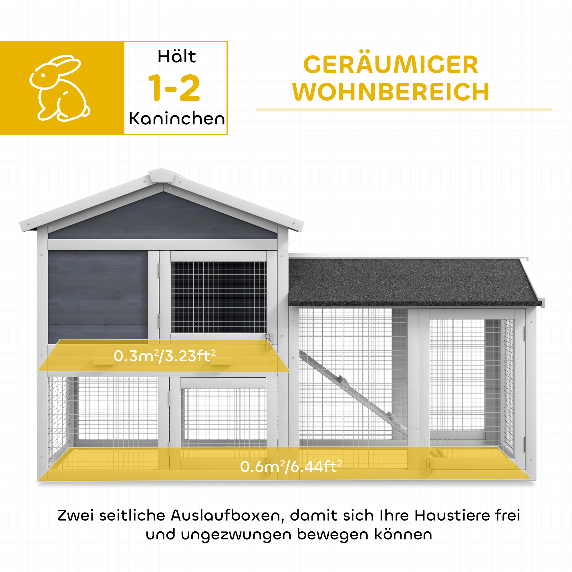 Kleintierstall mit Freilauf, Tannenholz, 147 x 54 x 84 cm, Grau