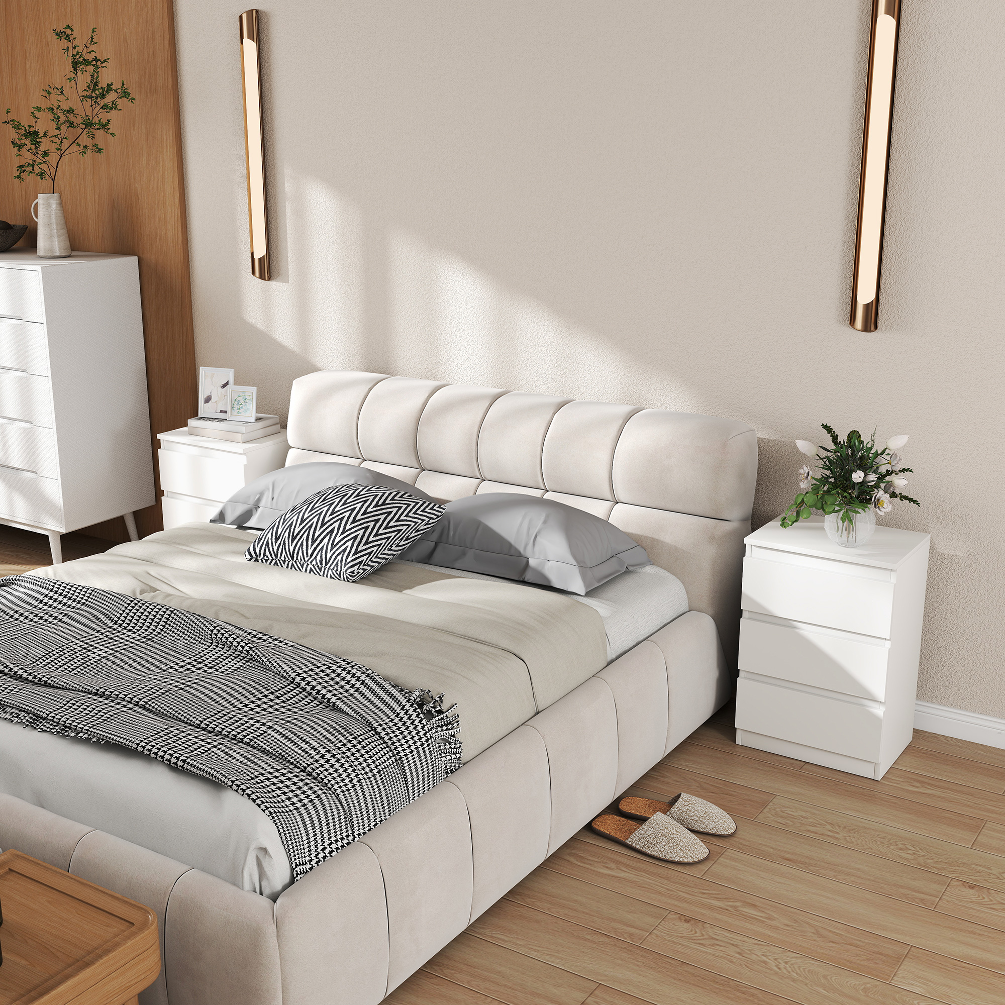 Nachttische im 2er-Set, 3 Schubladen, griffloses Design, Holzoptik, Weiß