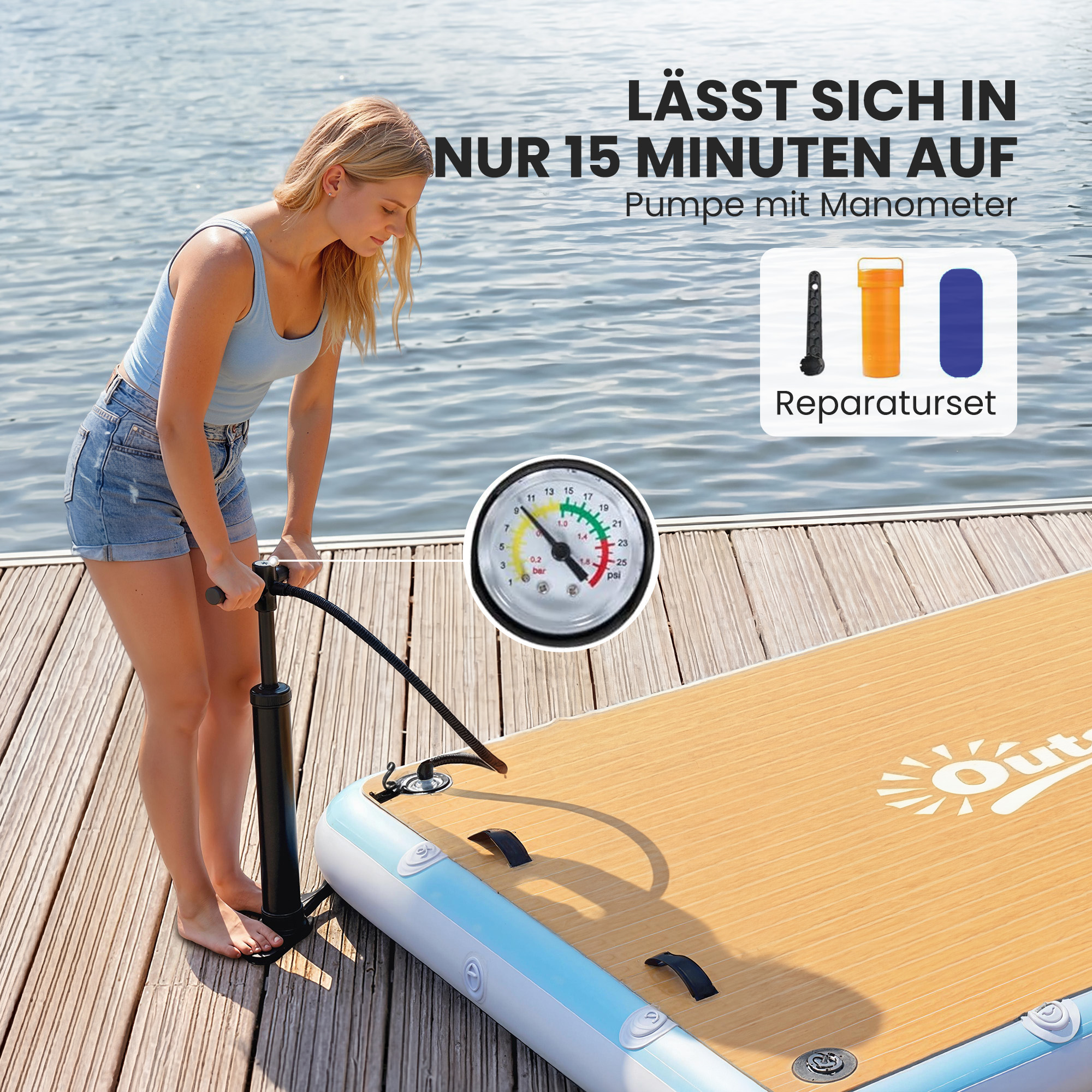 Aufblasbares Dock Schwimmdock 2,4x1,8m Aufblasbar Schwimmende Plattform 4-6 Personen mit Rutschfest Oberfläche Leiter