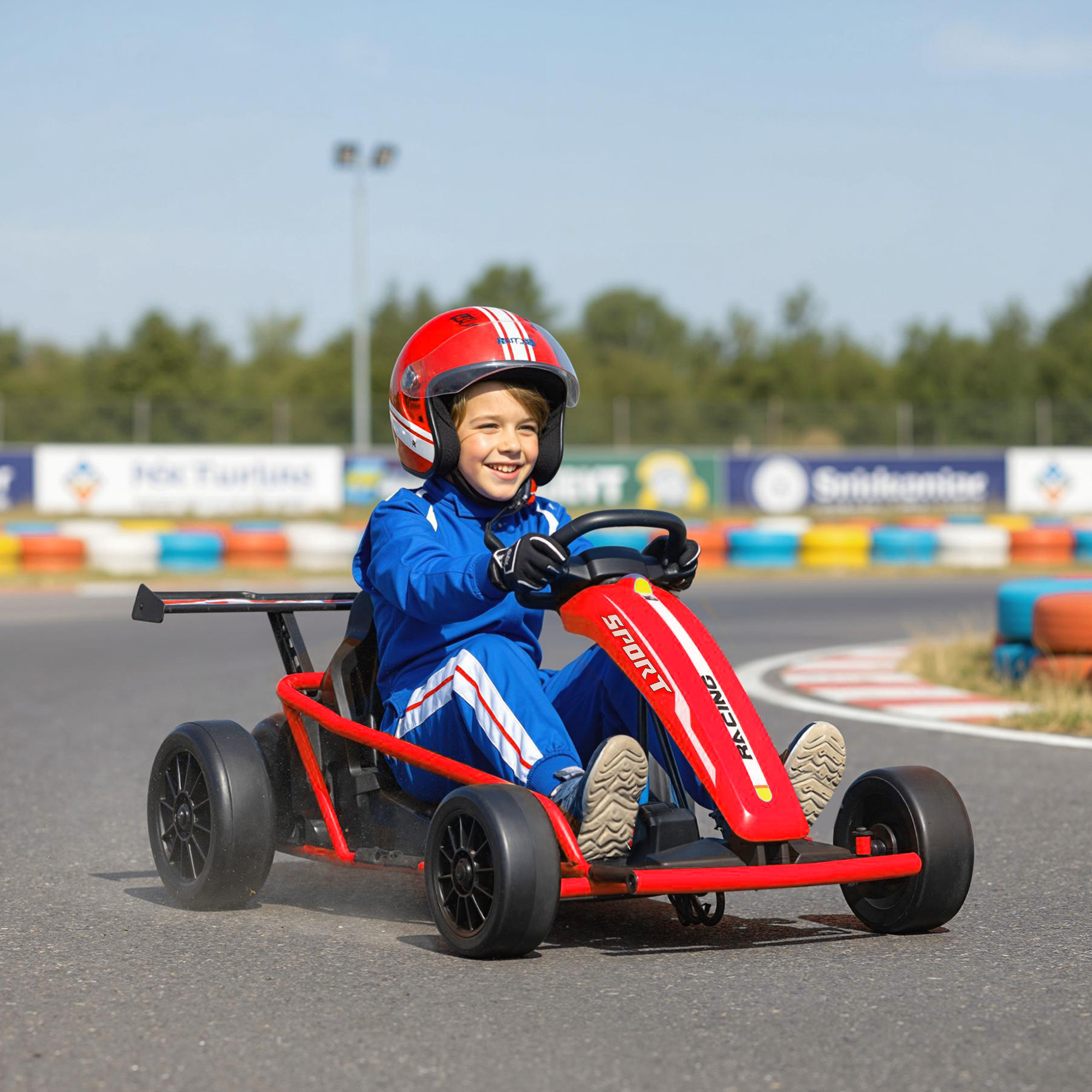 24V Elektro-Go-Kart zum Fahren und Driften, Nylon-Reifen, Sicherheitsgurt, Hupe, Musik für 8-12 Jahre Rot
