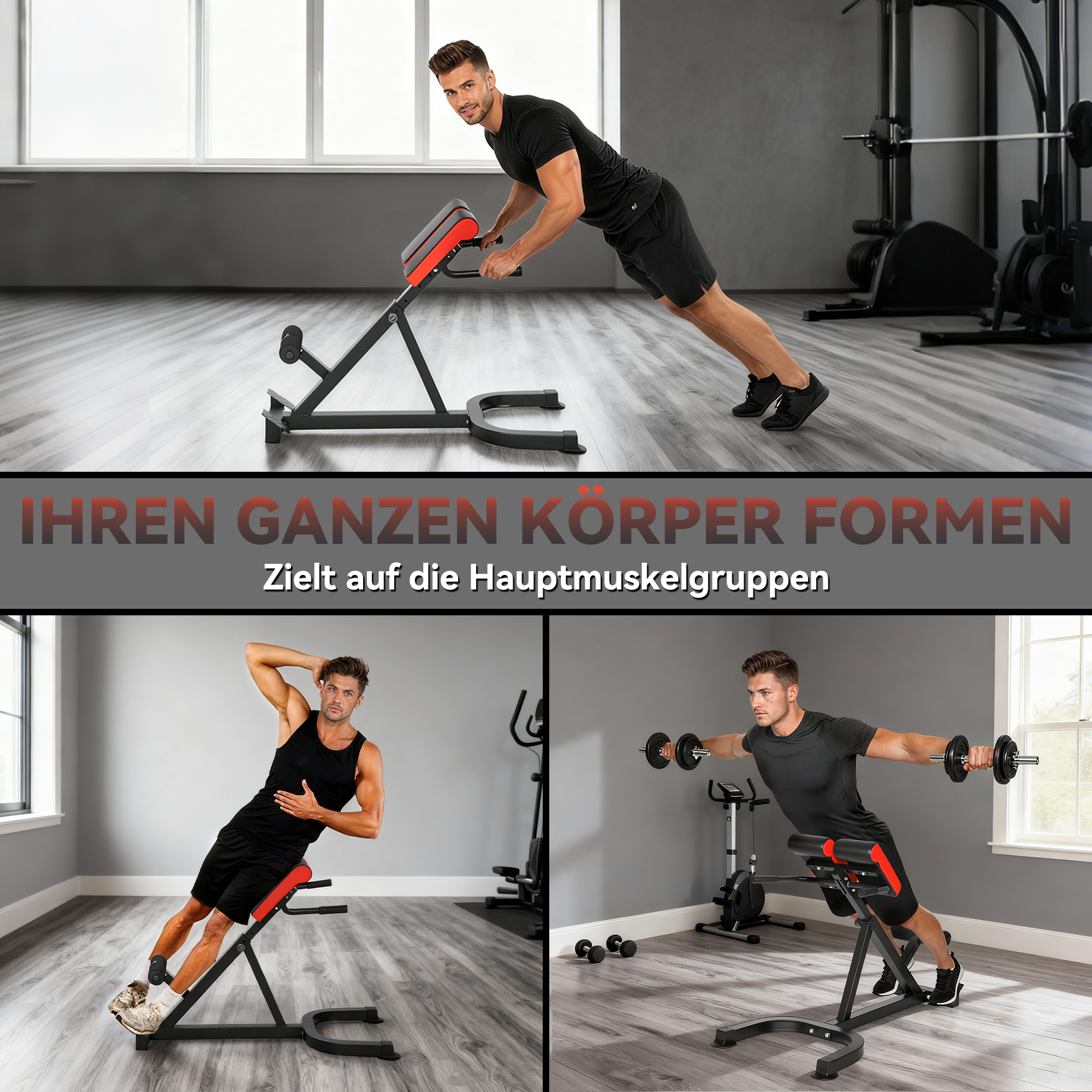 Trainingsstuhl, Fitnessbank, Hantelbank, Stahl, verstellbar, Griffe, Rot+Schwarz