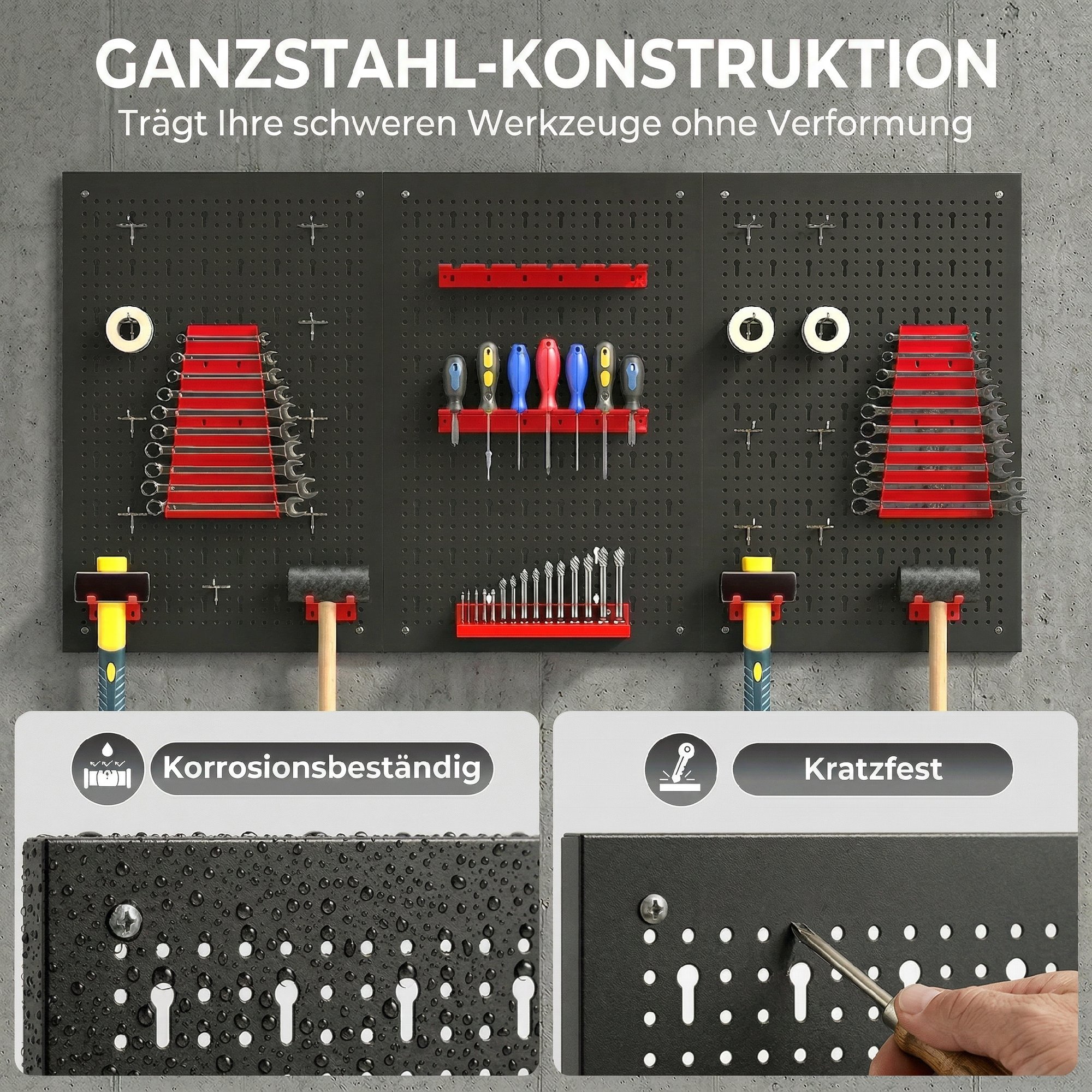 Lagersystem Wandregal 60 x 40 cm, 28 stck. Schüttenregal mit Haken Ablagefächern, Werkstattregal, Schwarz+Rot