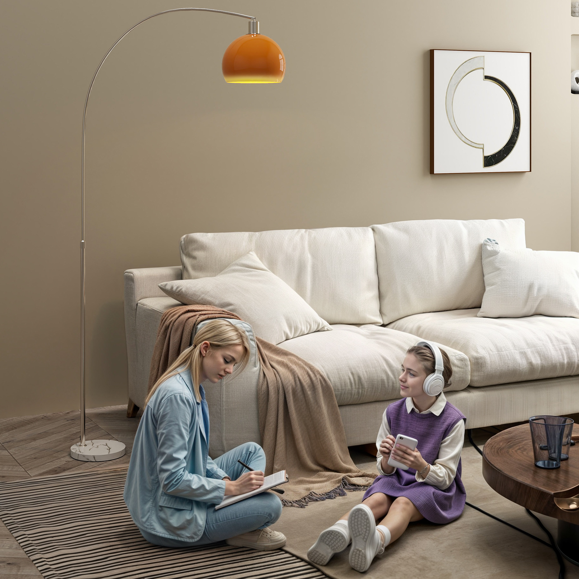 Bogenstandlampe mit Fußschalter, aus Marmor, Metall und Kunststoff, 26x90x180 cm, Weiß und Orange