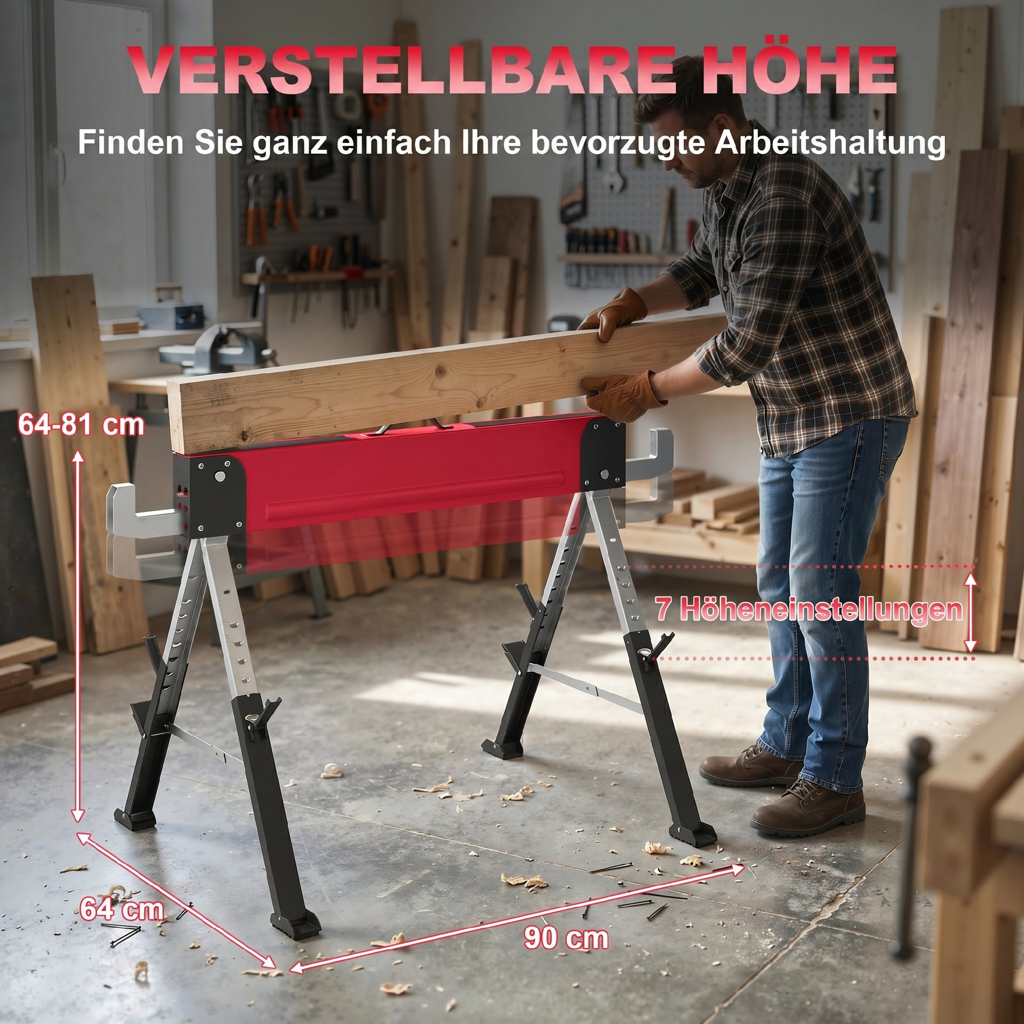 2er Set Arbeitsbock bis 1160 kg klappbar Sägebock 7-fach höhenverstellbar 64-81 cm Gerüstbock aus Metall mit Griff Rot