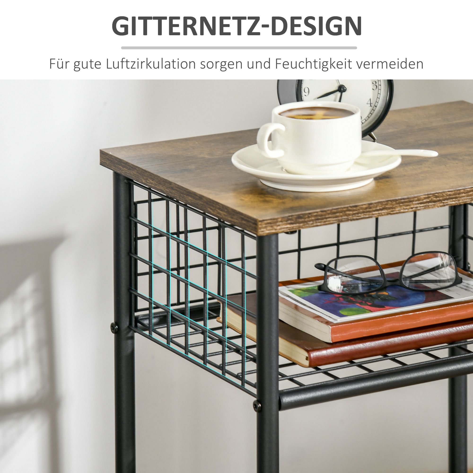 Küchenwagen im Industriedesign 1 Regal 1 Aufbewahrungskorb 4 Räder 40 cm x 30 cm x 62 cm Stahl Schwarz + Braun