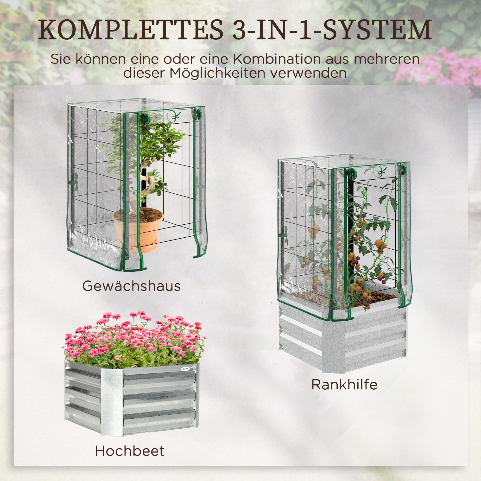 Hochbeet, Gewächshaus, 3-tlg,-Set, mit Rankgitter, Kunststoffabdeckung, 53 x 53 x 90 cm