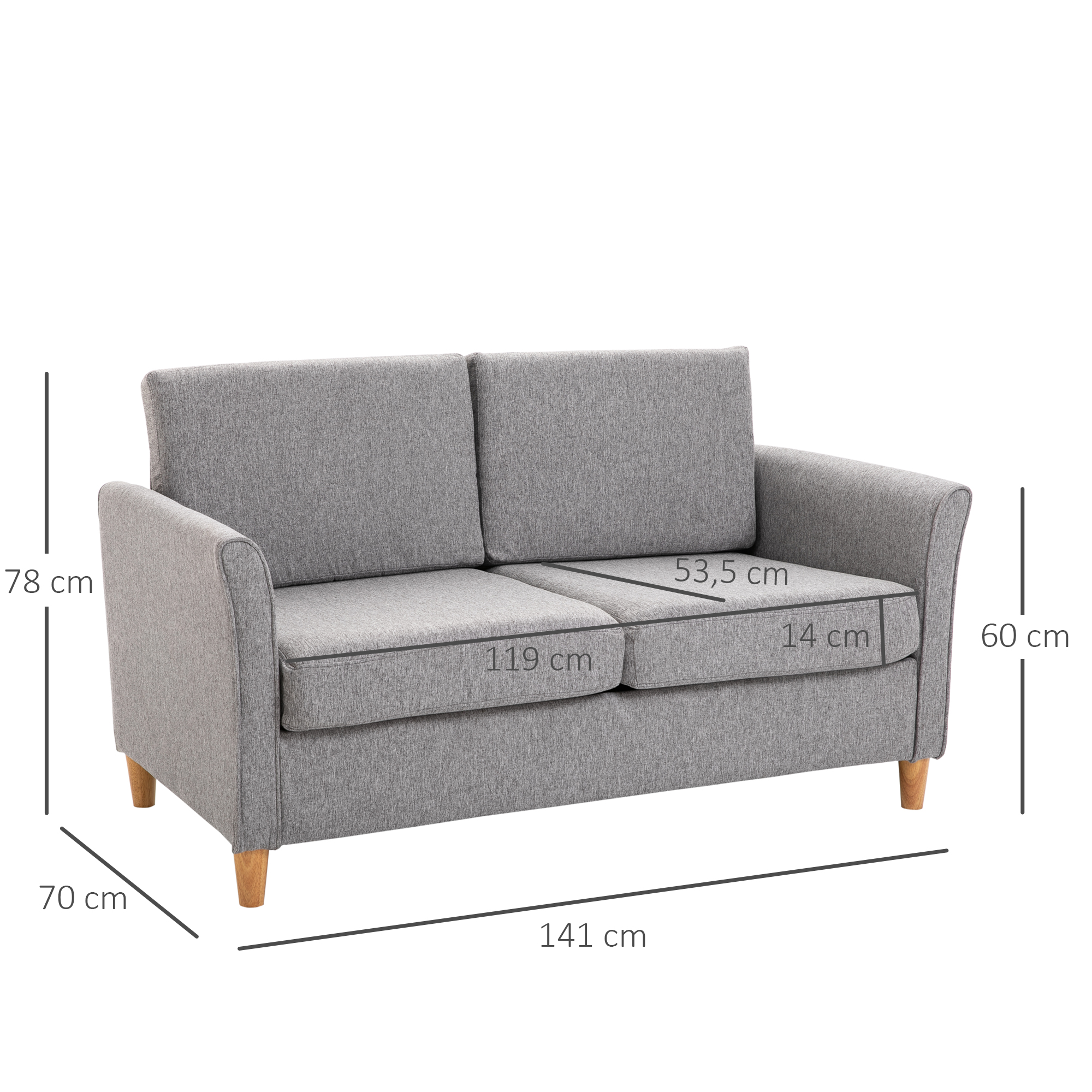 Zweisitzer Sofa | Abnehmbare Kissen | Leinen, Schaumstoff, Kautschukholz | Hellgrau | 141 x 70 x 78 cm