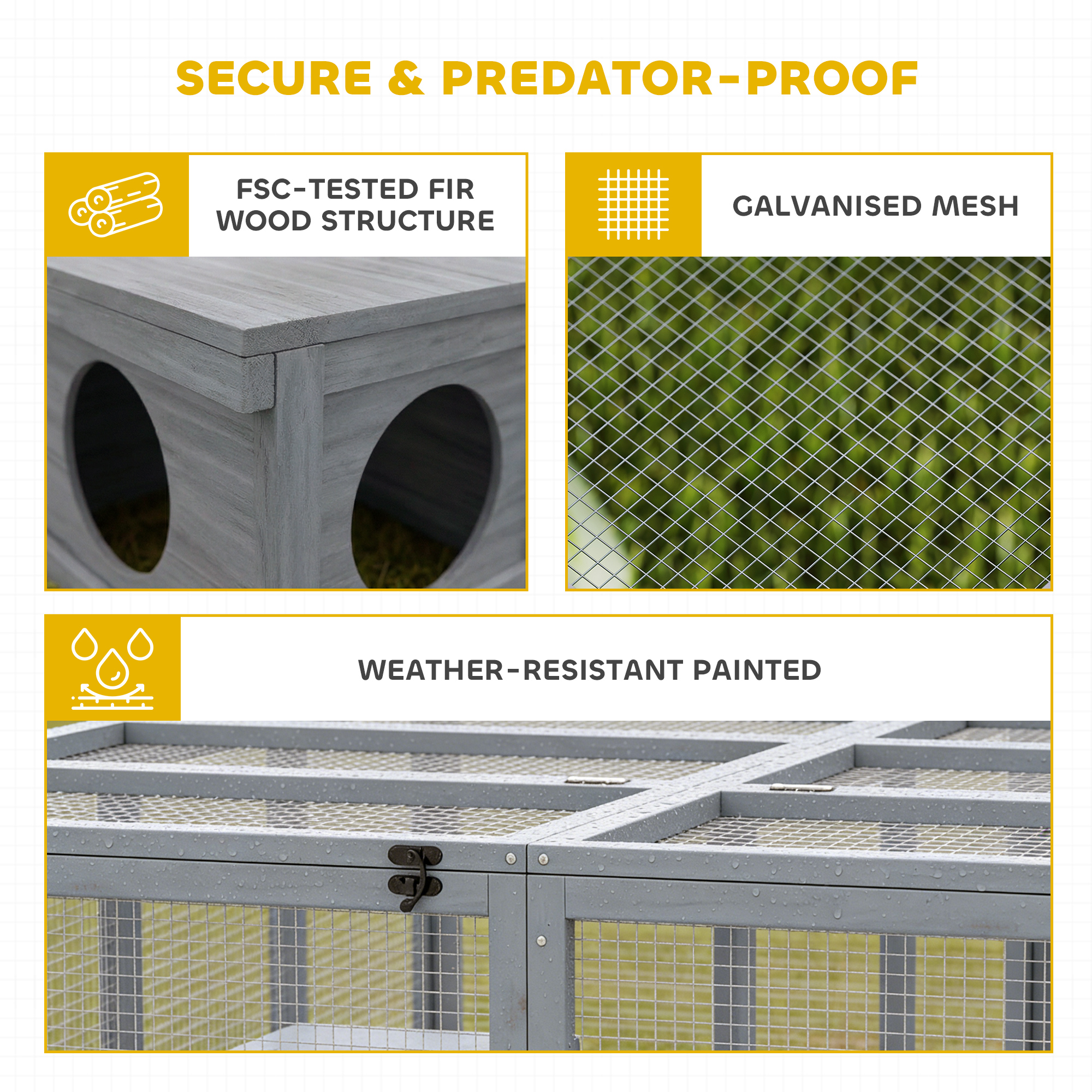 Freilaufgehege Kaninchenstall aus Holz mit 2 Türen Unterschlupfhaus für 2-4 Zwergkaninchen 180,4 x 150 x 48 cm Grau