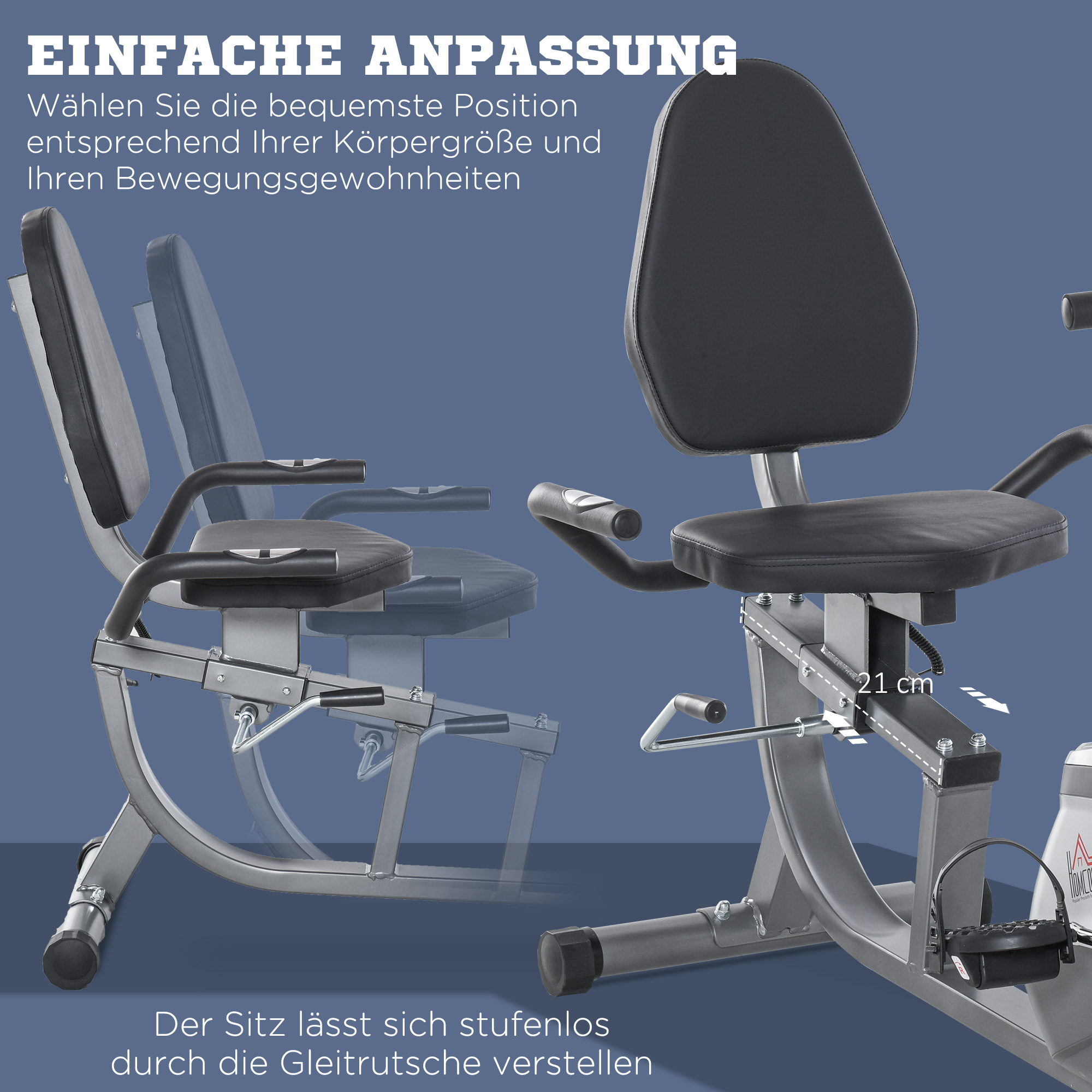 Liegeergometer mit LCD-Anzeige 8 stufig einstellbarem Magnetwiderstand Liegefahrrad Heimtrainer mit Herzfrequenzsensoren, verstellbarer Rückenlehne, Sitzergometer für Senioren bis 110 kg