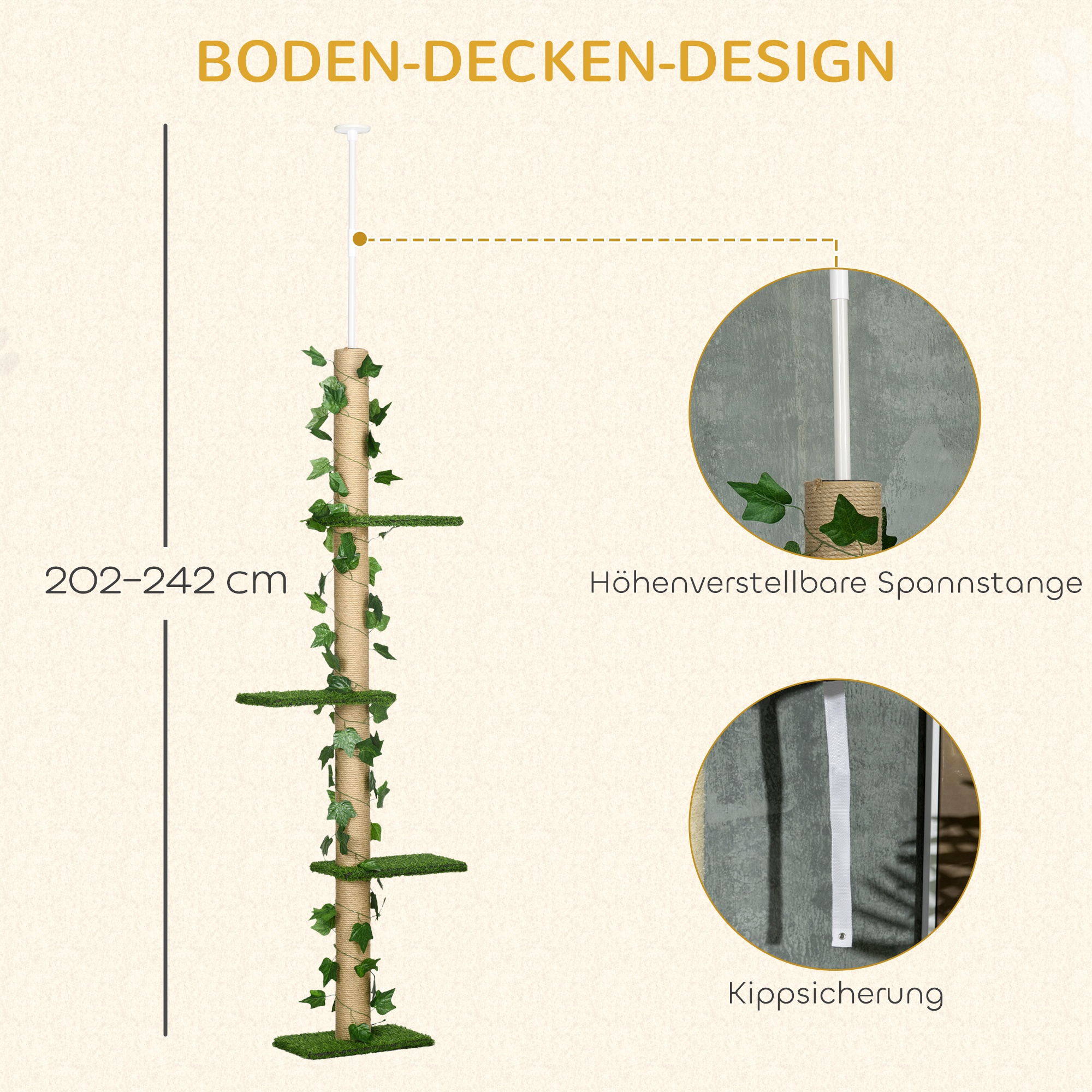 Kratzbaum höhenverstellbar 202-242 cm, rutschfest, Juteseil-Pfosten, Spanplatte, Grün/Gelb