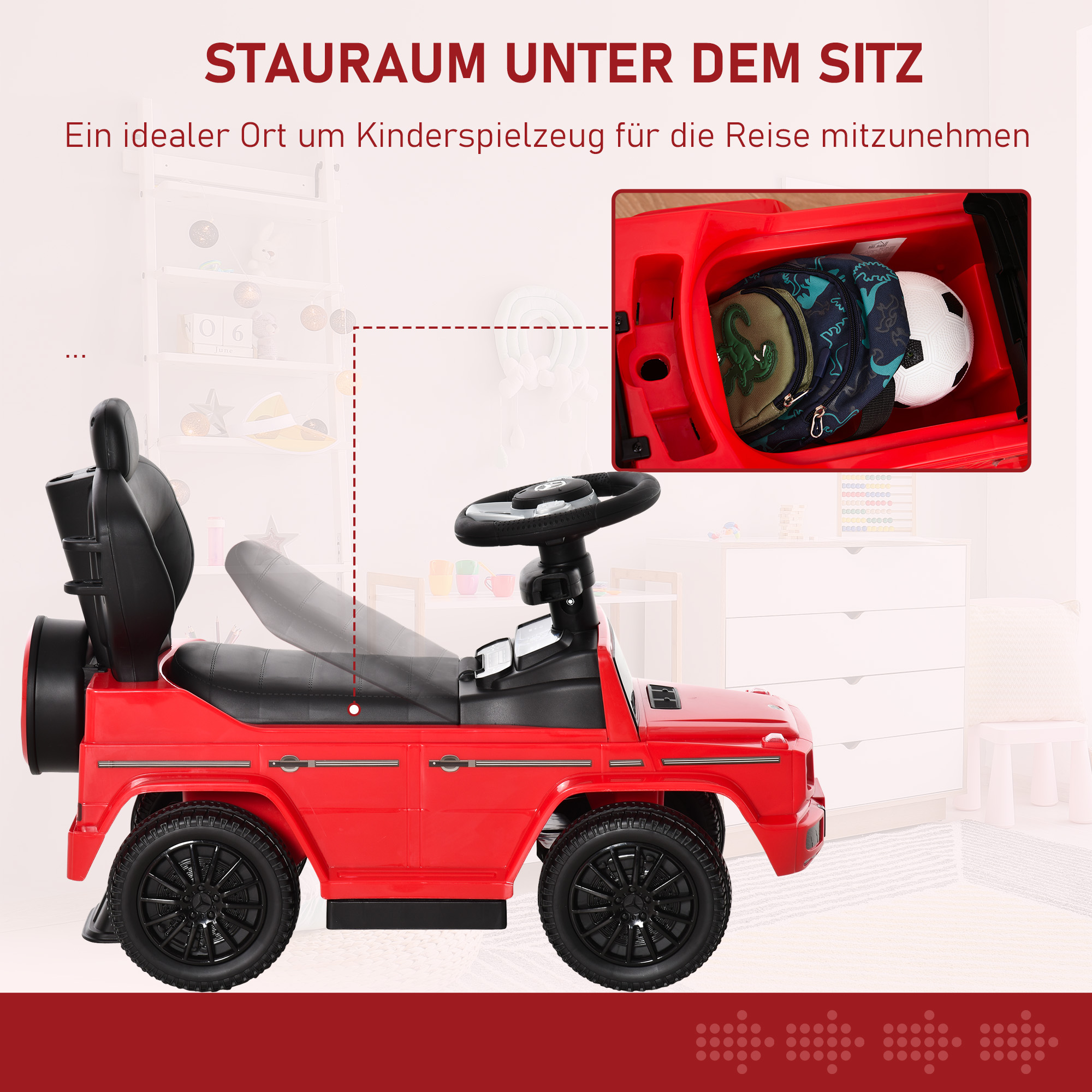 Rutschauto mit Schiebstange Mercedes-Benz G350 Rutschfahrzeug mit Lenkrad 3-in-1 Schiebeauto für 18-36 Monate Kinder Rot