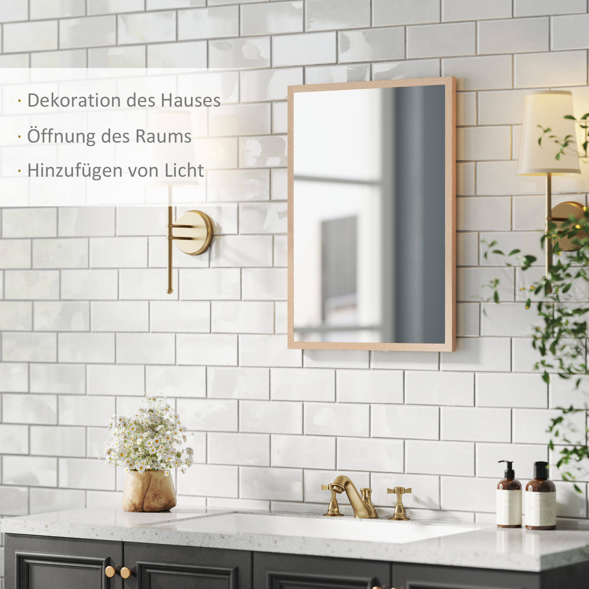 Wandspiegel, 50 x 70 cm, Rahmen in Holzoptik, einfache Montage, inkl, Schrauben