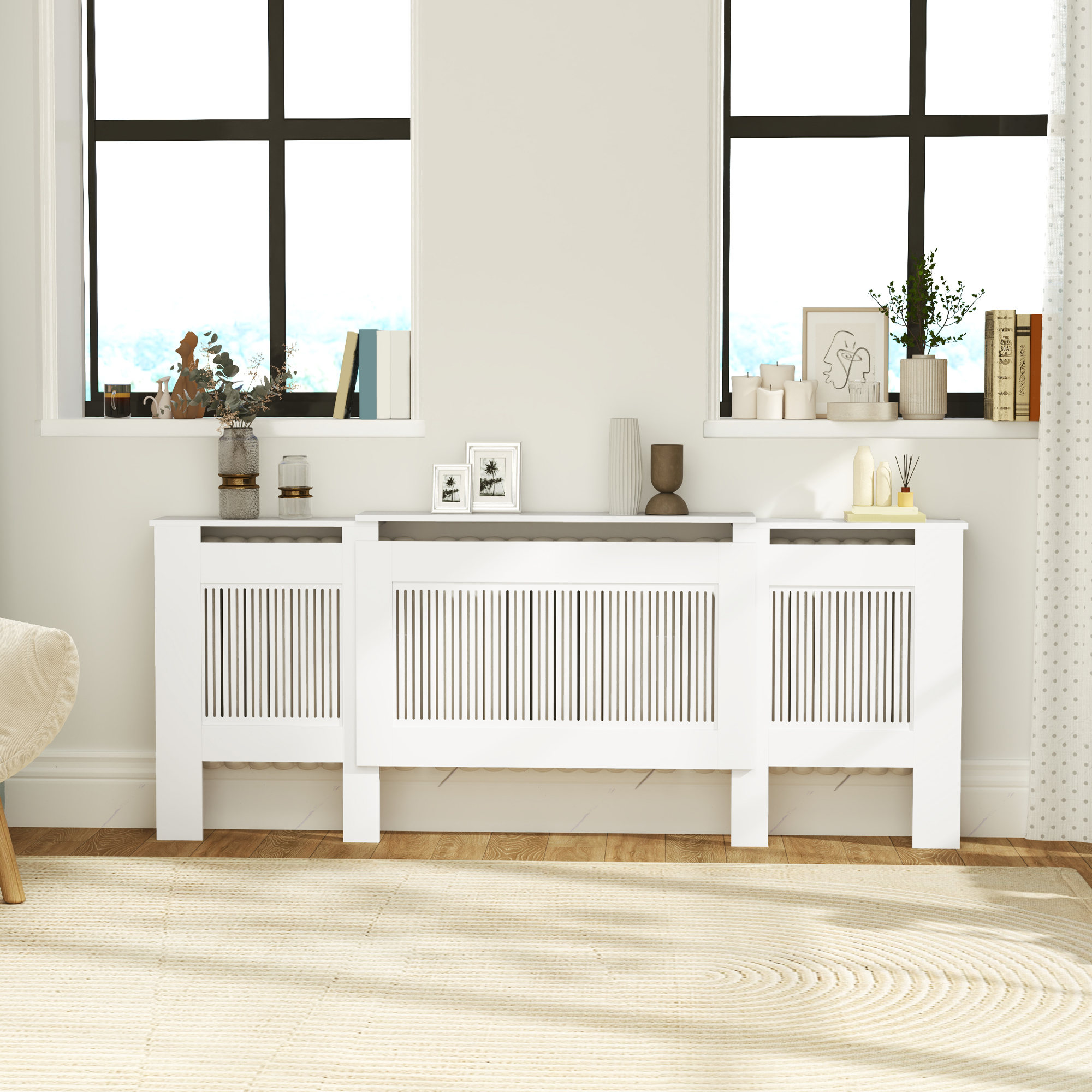 Heizkörperverkleidung, Lamellendesign, verstellbare Länge 125-201 cm, MDF, Weiß