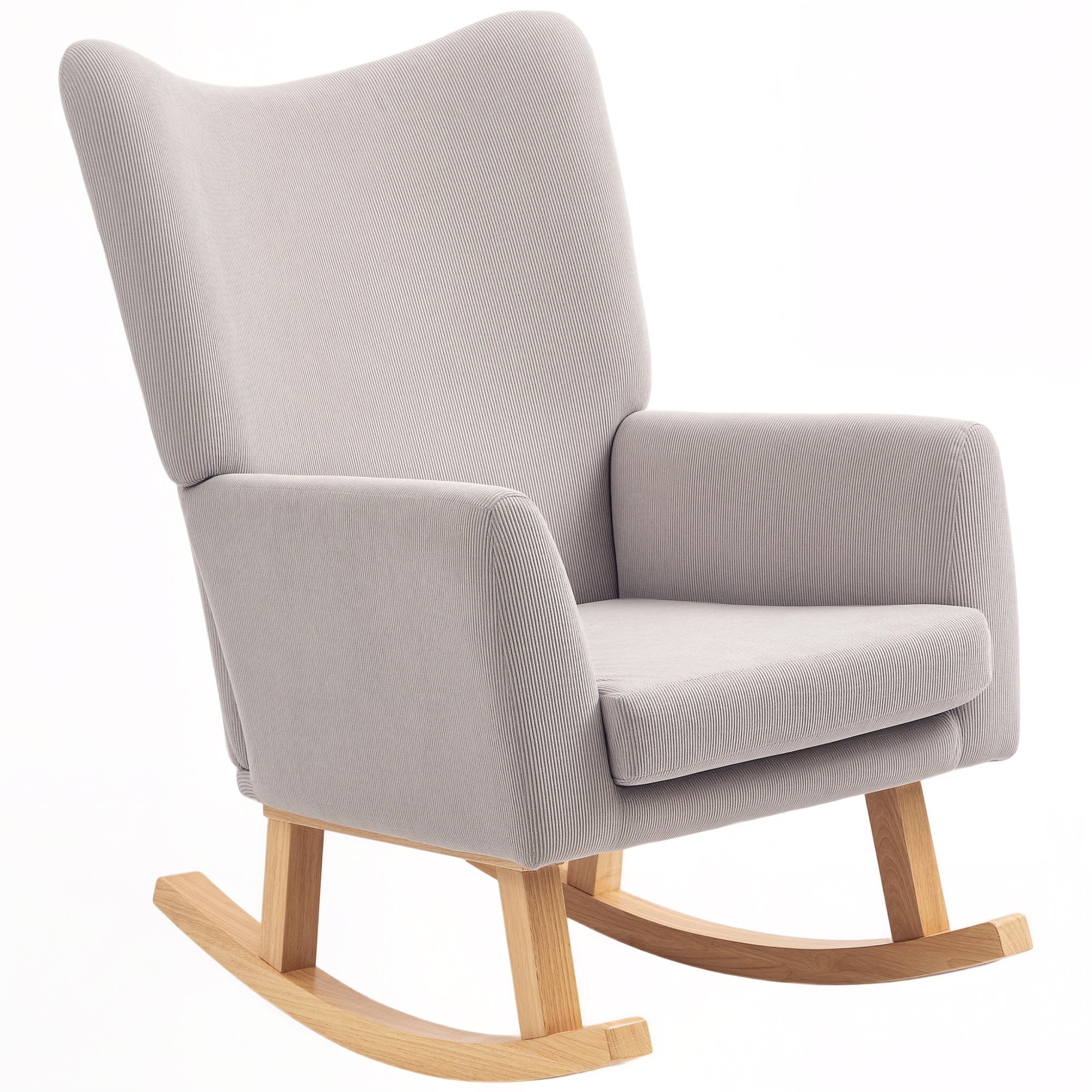 Schaukelstuhl im Retro-Design, Cordbezug, Kautschukholz, Schaumstoff-Füllung, hohe Rückenlehne, Polstersessel, Hellgrau