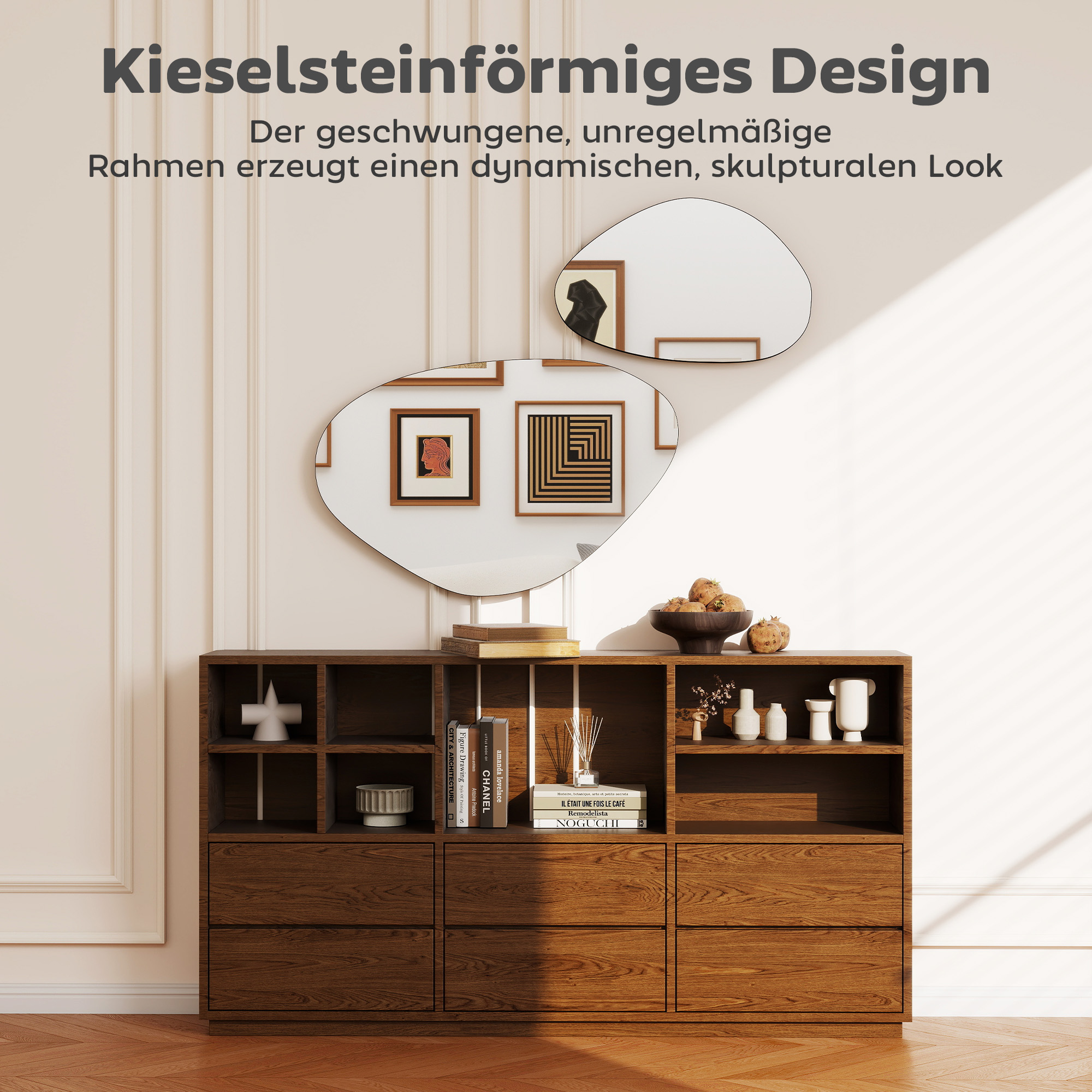 Wandspiegel 2er-Set 70 x 46 cm, 49,5 x 31 cm Fenster Spiegel mit Metallrahmen Hängespiegel in Kieselform, Schwarz