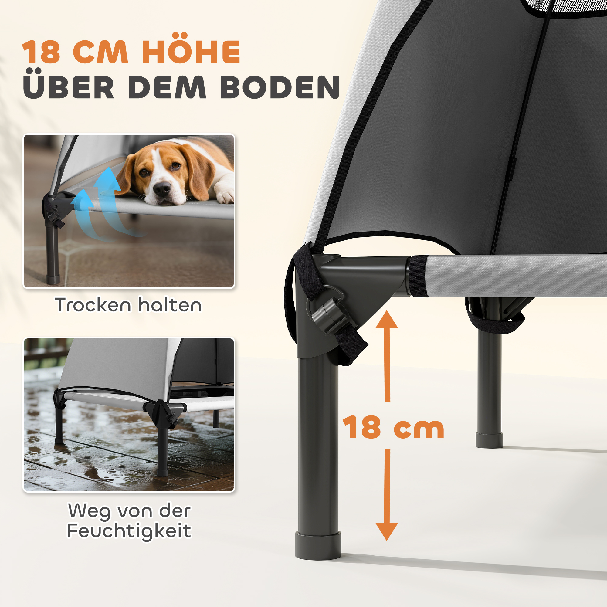 Hundeliege Outdoor mit Dach, erhöhtes Hundebett für Mittelgroße Hunde, 76 x 61 x 71cm, Hellgrau