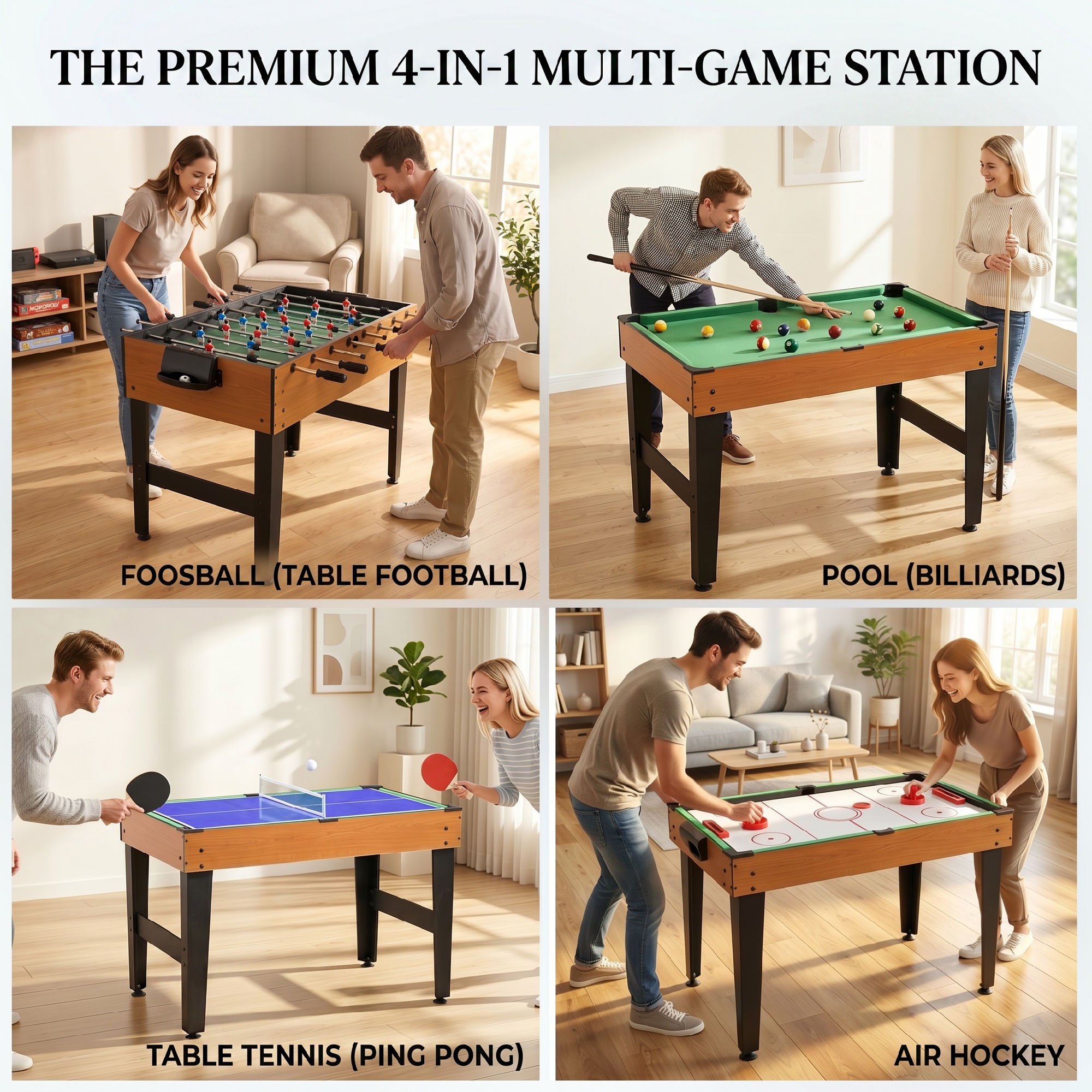 4-in-1 Partyspieltisch inkl. Tischtennis, Kicker, Billard, Tischhockey, Metall, Holz, Natur+Schwarz