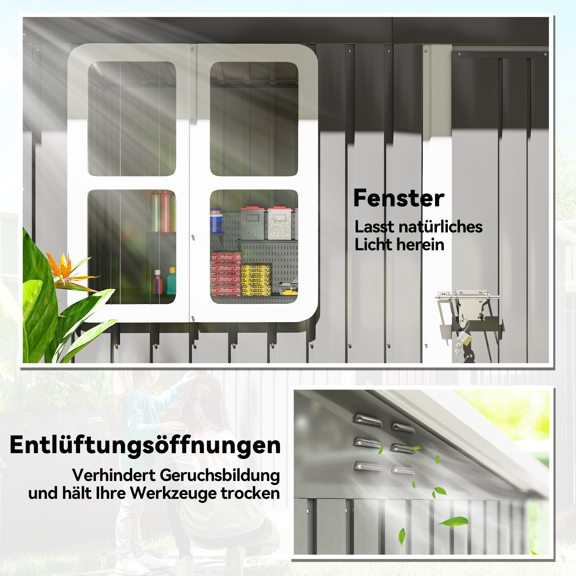 Gartenschuppen, Gartenhaus mit Fenster, verschließbare Tür, für Garten, Terrasse, Stahl, 221L x 133B x 190H cm, Grau