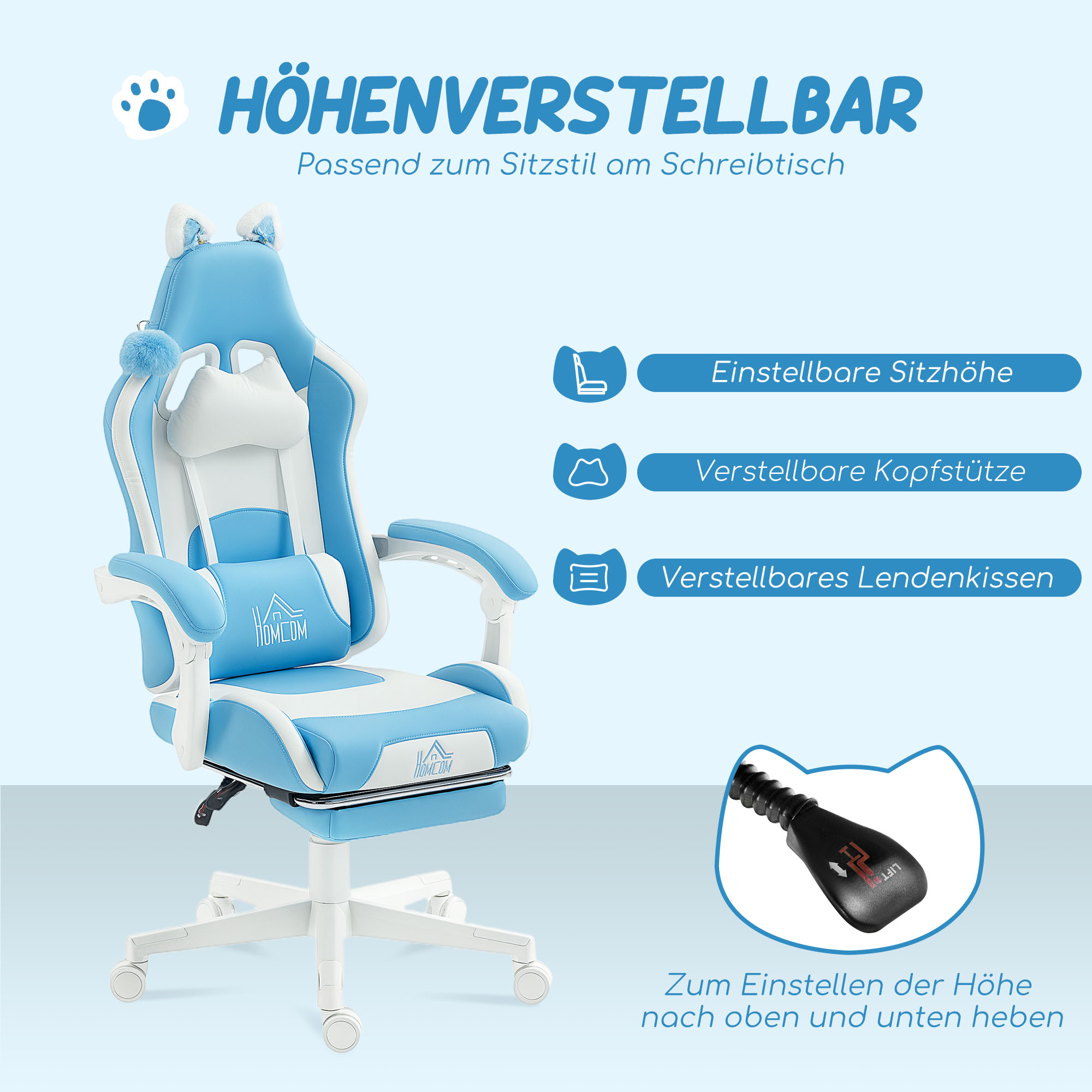 Gaming-Sessel mit Katzenohren, neigbare Lehne, ausziehbare Fußstütze, bis 120 kg belastbar, Seeblau