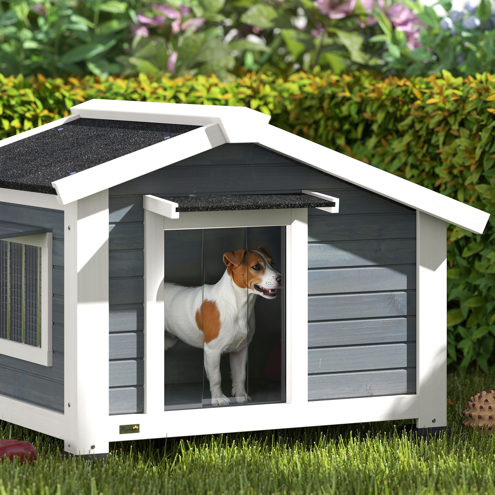 Hundehütte wetterfestes Hundehaus aus Holz mit herausnehmbarem Boden Asphaltdach öffnendem Fenster 98x76x69,5 cm Grau