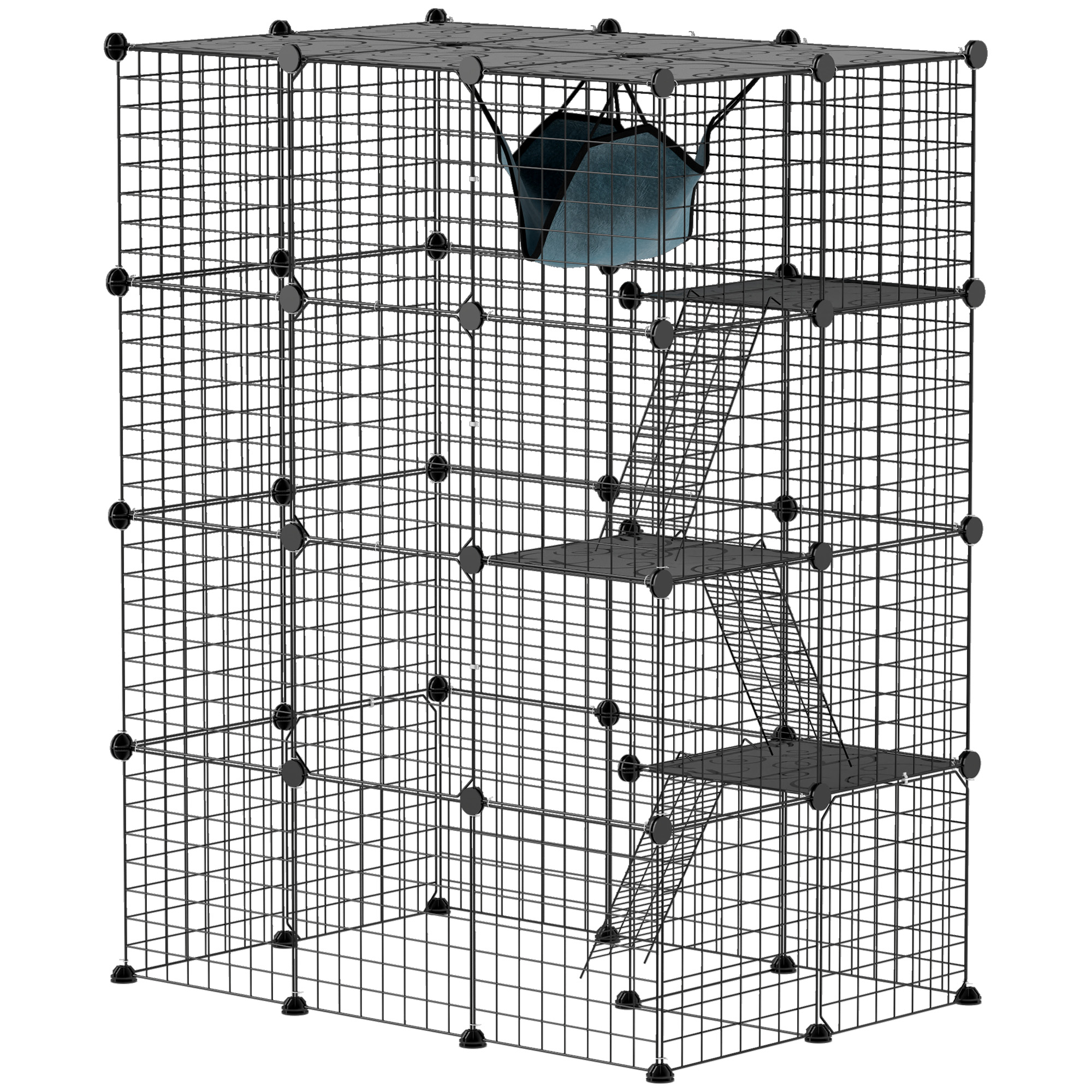 Indoor Katzenkäfig 140 cm, 4-stöckige Stahl-Katzengehege mit 5 Türen, Leitern, Hängematte und Plattform, DIY Schwarz