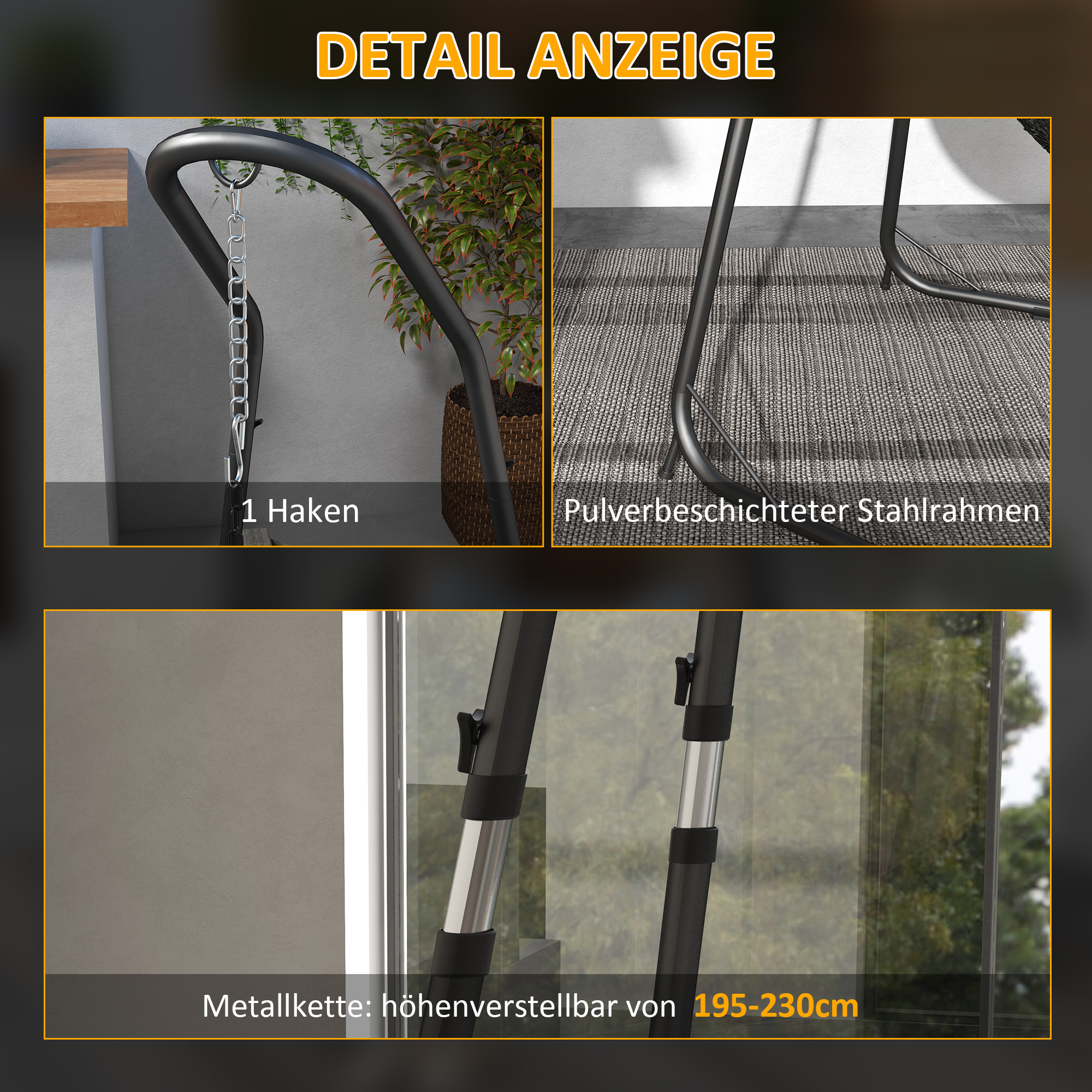 Hängesesselständer Gestell für Hängesessel Hängesesselhalterung, 133 cm x 116 cm x 195/230 cm, Schwarz