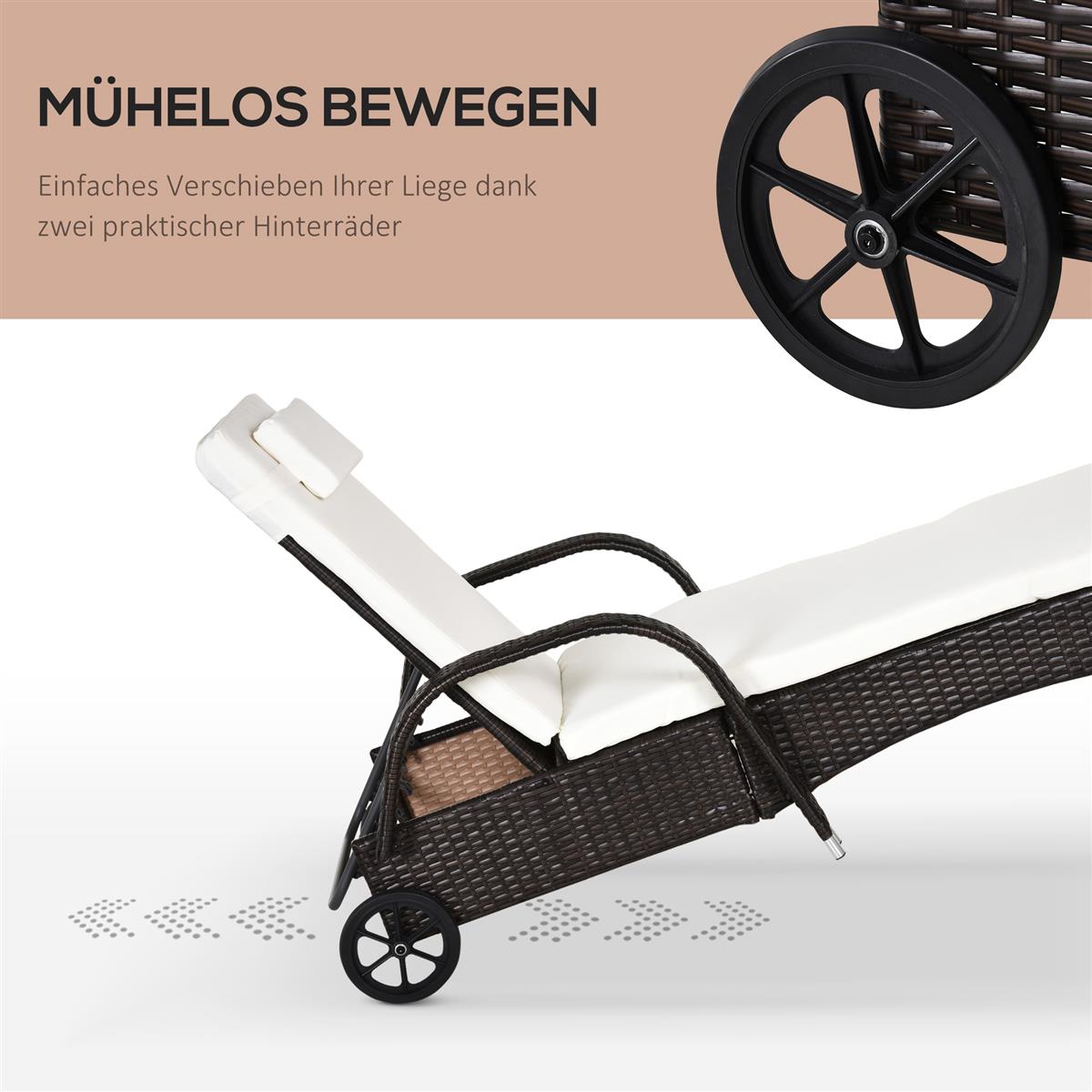 Sonnenliege Polyrattan Gartenliege mit 5-Fach verstellbarer Rücklehne, Polsterauflage, Rollen, Kissen, 160 kg belastbar Relaxliege Liegestuhl für Garten, 200x73x30-103cm, Kaffeebraun