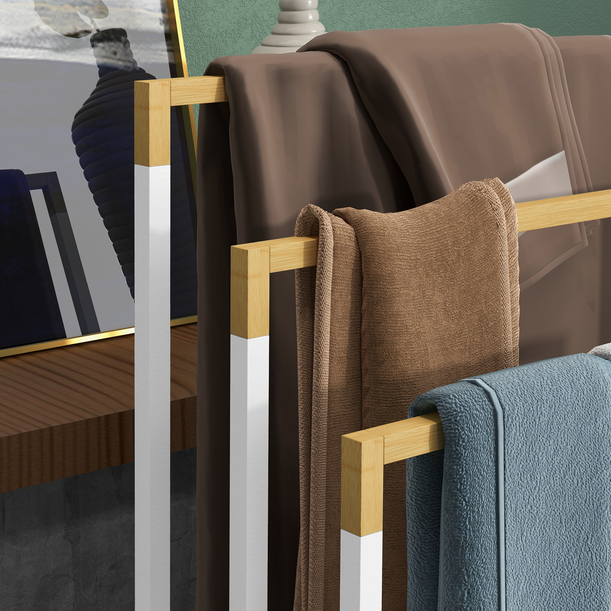 Handtuchhalter Handtuchalter-Set 3 Handtuchstangen, Industriedesign, Bambus, 45 x 22,5 x 86 cm, Weiß + Natur