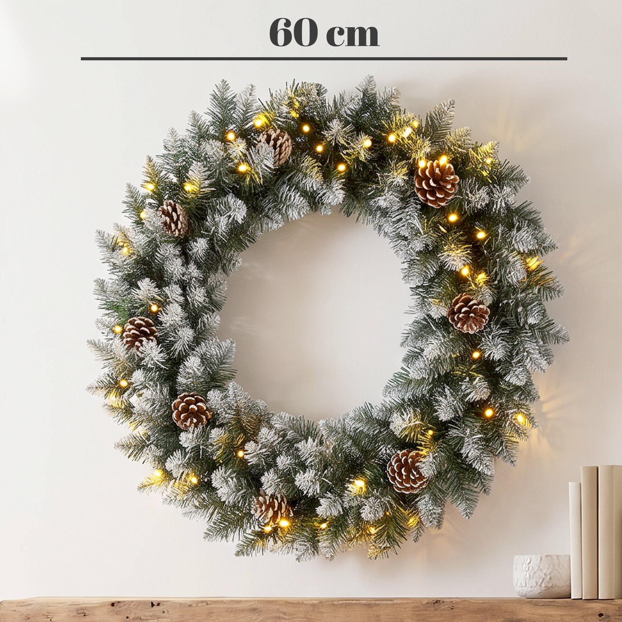 Weihnachtskranz 60 cm Beleuchtet Türkranz mit 50 LEDs Zapfen Kunstschnee für Weihnachten Advent Haustür