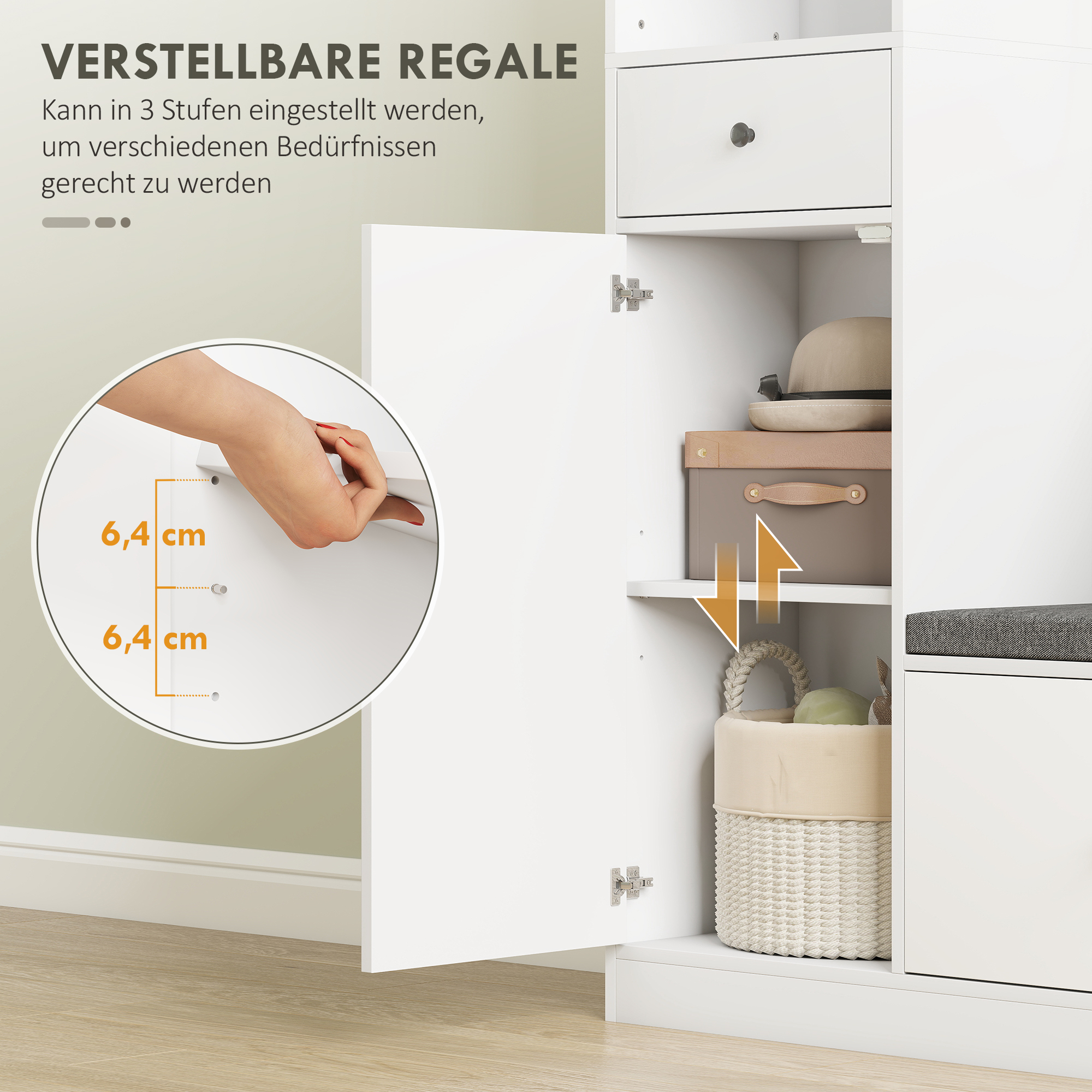 180 cm Garderobenschrank mit Kleiderständer, Schuhbank, 4 Haken, offene Ablageflächen, MDF, Weiß