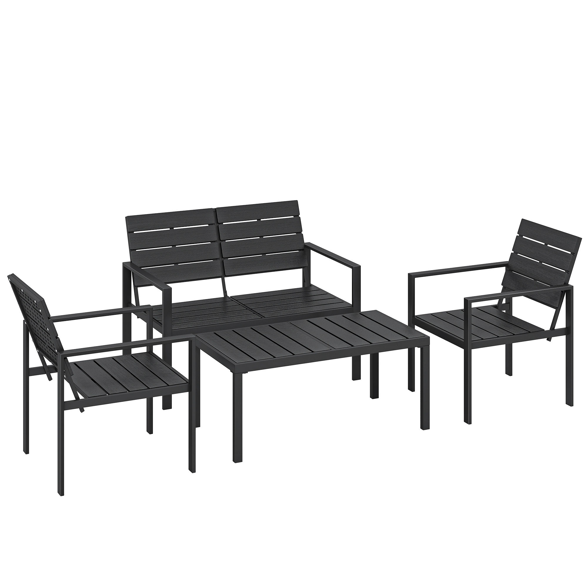 Gartenmöbel Set Sitzgruppe für 4 Personen Gartenlounge mit 2er Sofa 2 Sessel Beistelltisch Lamellendesign Schwarz