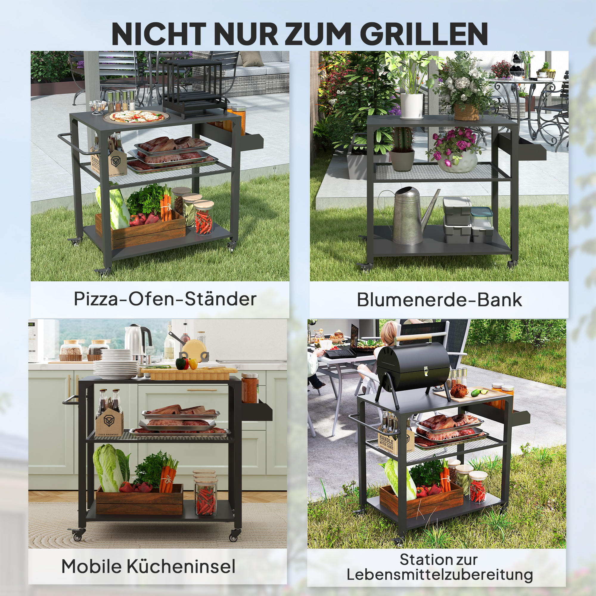 Outdoor-Kücheninsel, Grillwagen mit Aufbewahrungsregal, Griff, 4 Rollen, Küchenwagen, Terrasse, Garten, Metall, Schwarz
