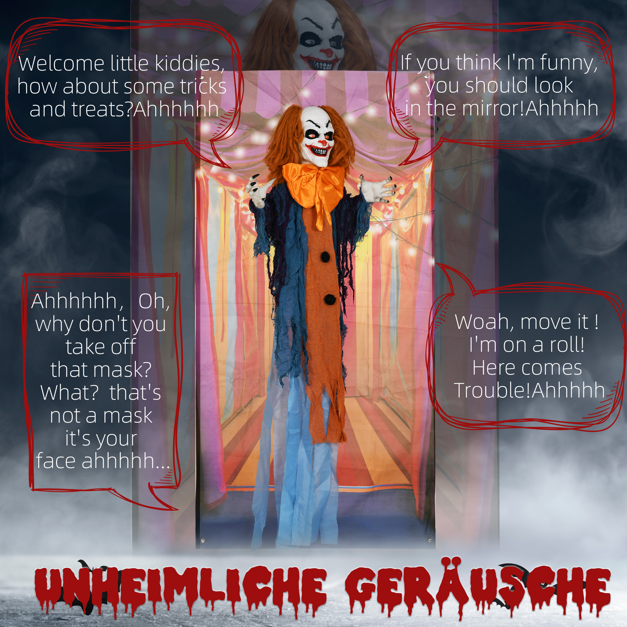 Horrorclown, Helloweendeko, aktiviert mit Geräusche/Berührung, rote Augen, Sound, 168 cm Horrorclown, Helloweendeko, aktiviert mit Geräusche/Berührung, rote Augen, Sound, 168 cm