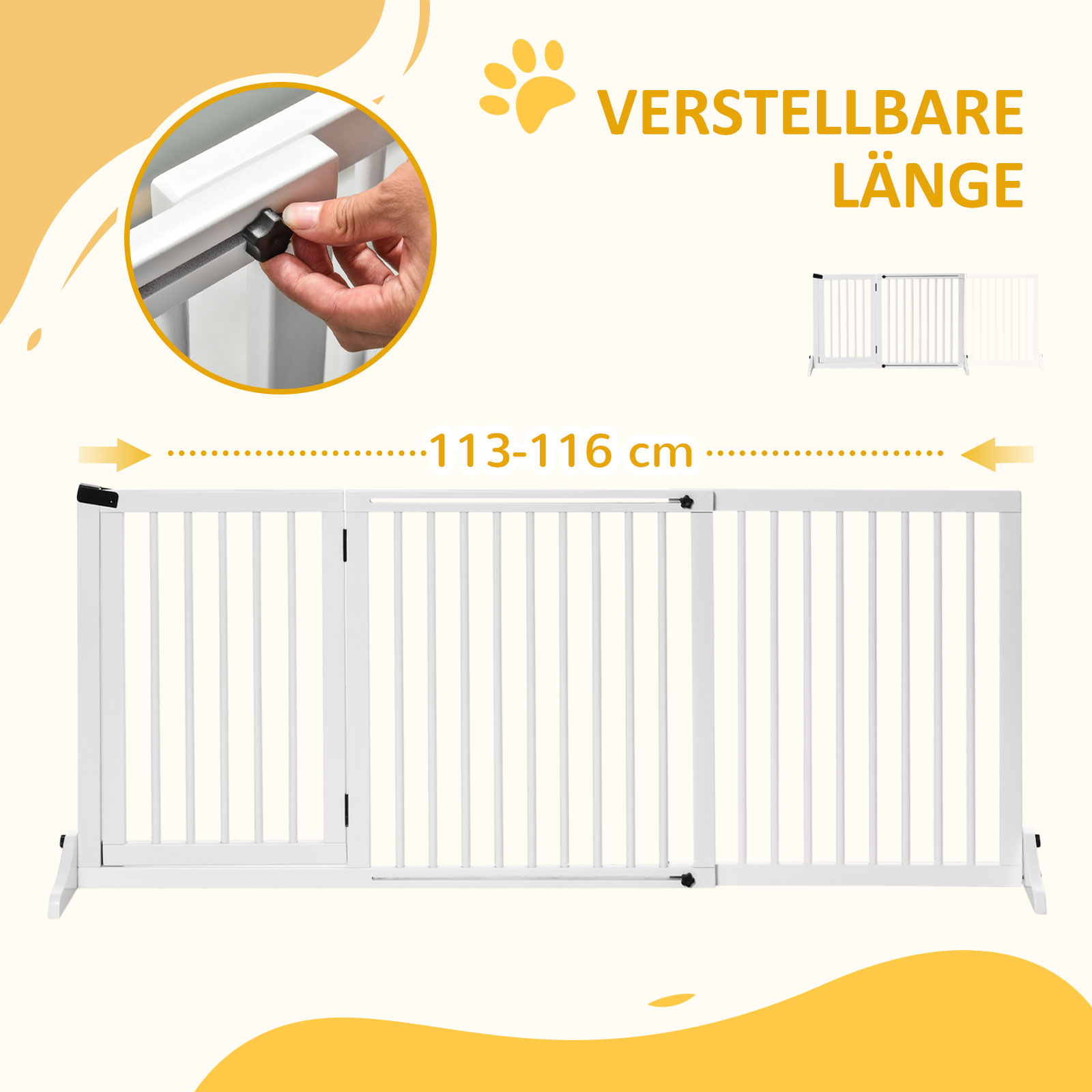 Absperrgitter Hunde Türschutzgitter Schutzgitter aus Holz Freistehendes Hundegitter mit Tür Hundeabsperrgitter Konfigurationsgitter für Kamin & Ofen Weiß 113-166 x 36 x 71 cm
