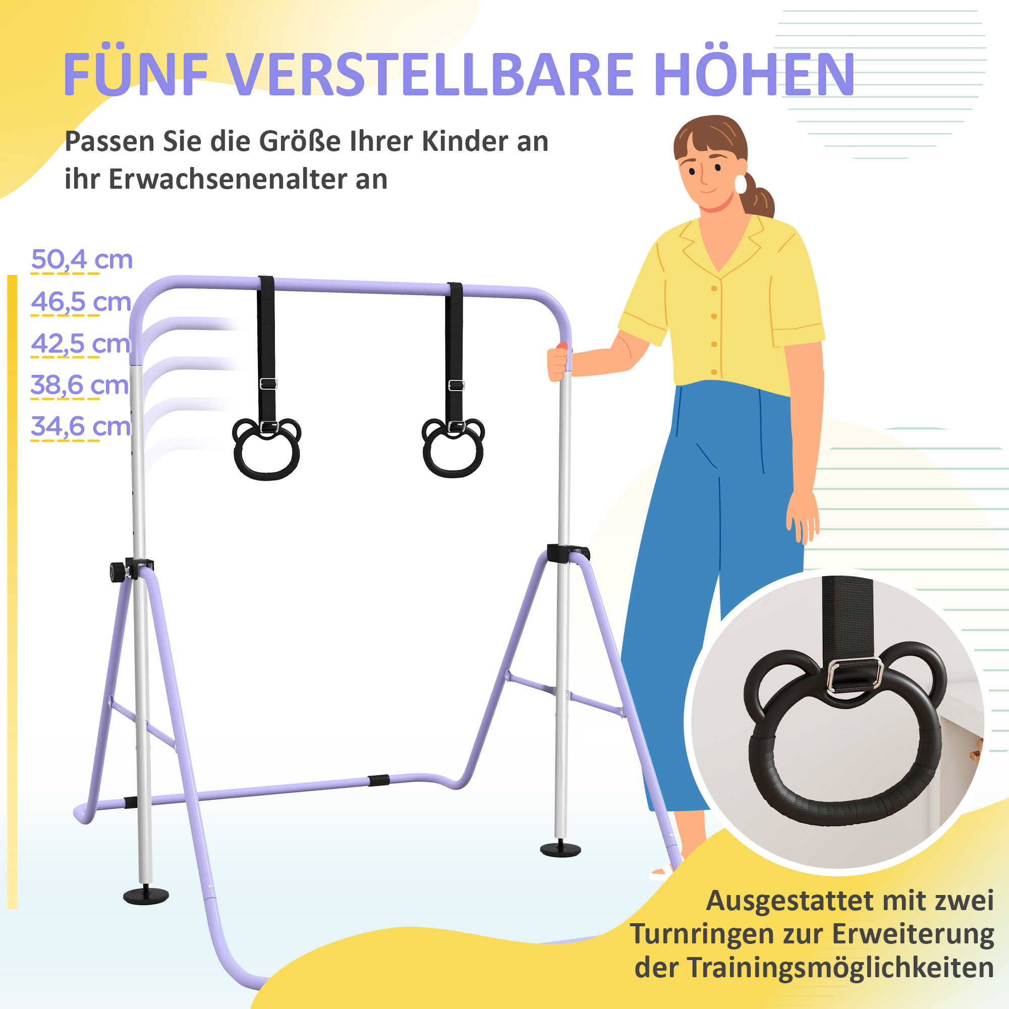 Kinder-Turnbarren mit Ringen, höhenverstellbar, klappbar, rutschfest, Stahlrahmen, 148x105x88-128 cm, Pink