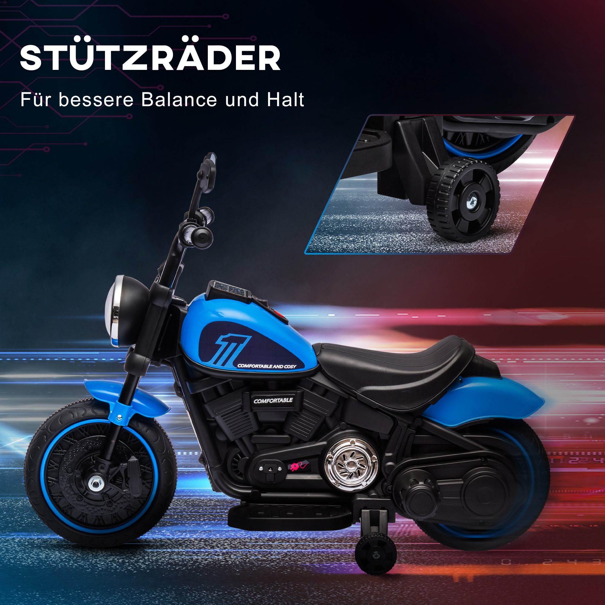 Kindermotorrad, elektrisches Kinderfahrzeug, mit Scheinwerfer, 3 km/h, Blau + Schwarz