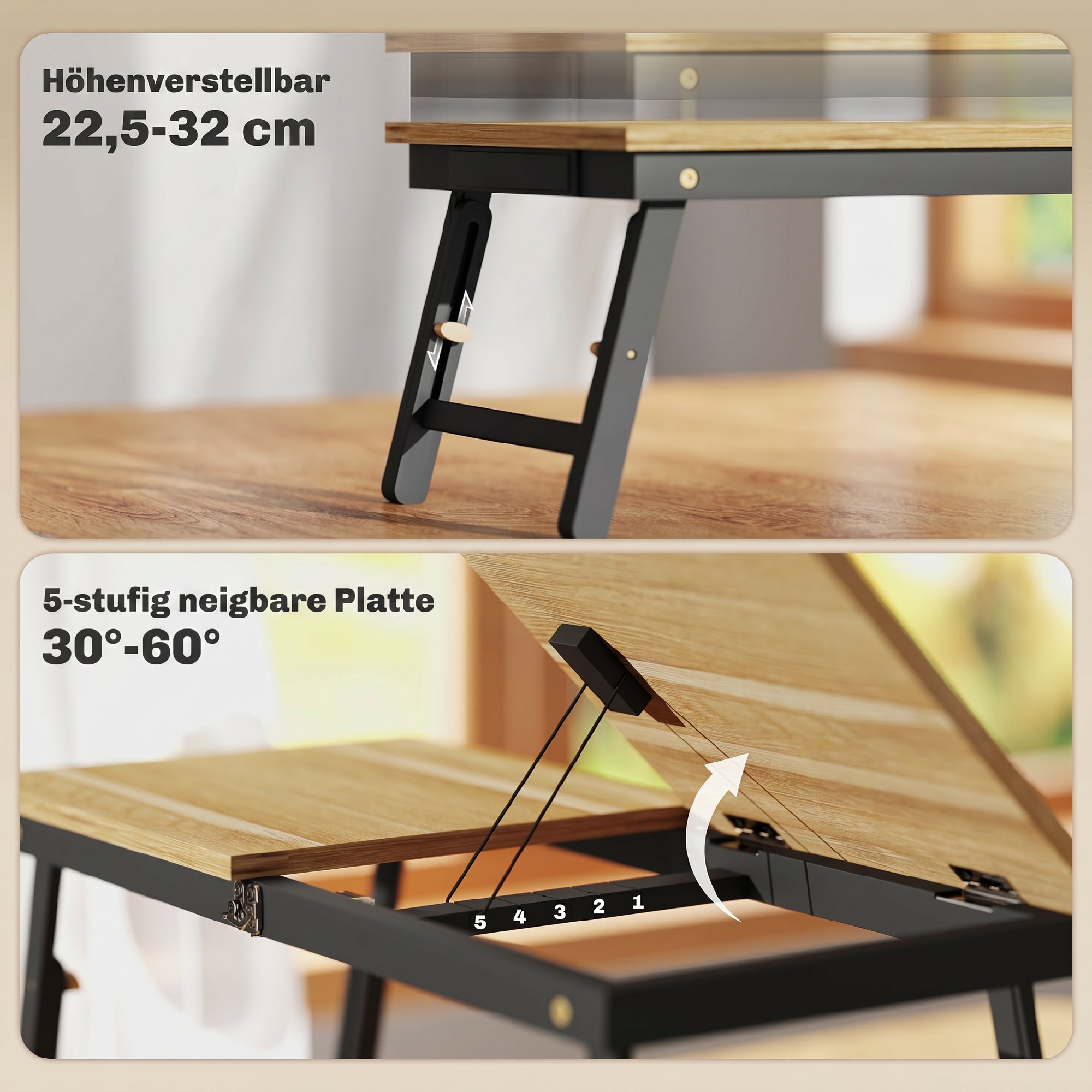Betttisch, Laptoptisch Höhenverstellbar mit Schublade, Klappbar für Sofa Arbeiten Bett, Eiche