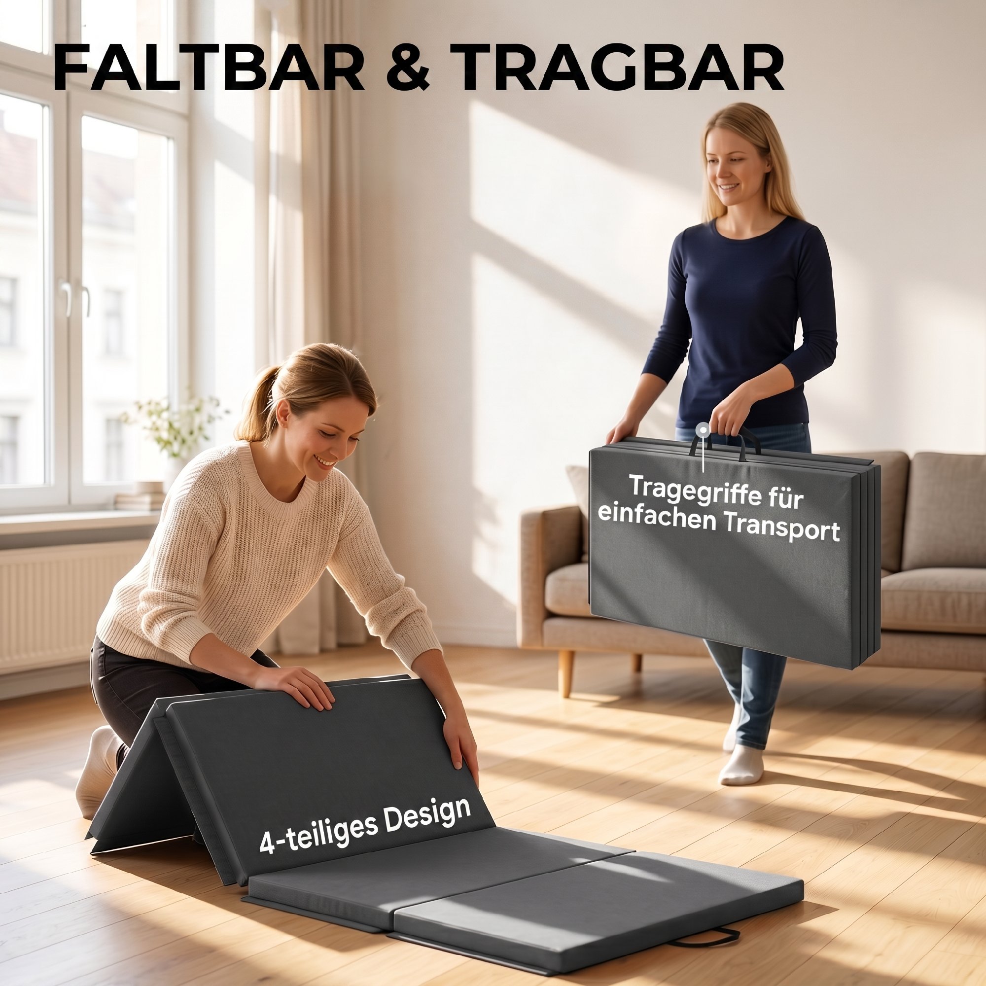 Trainingsmatte, faltbare Fitnessmatte Sportmatte mit Griffen Gymnastikmatte Grau, 180 x 80 x 5 cm