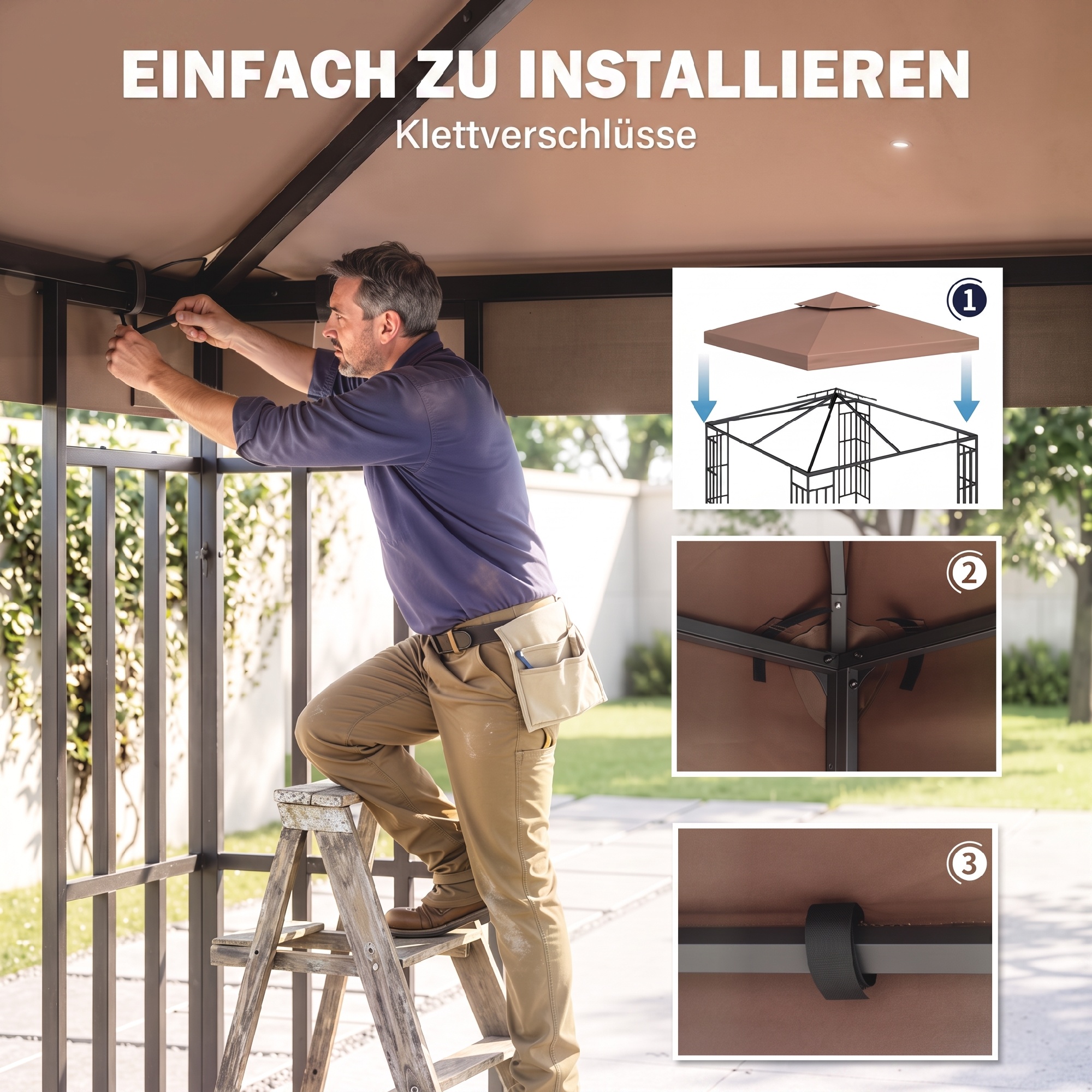Ersatzdach für Pavillons, mit Winddach, Wasserabführung, robust und langlebig, Farbe: Kaffee, 3 x 3 m