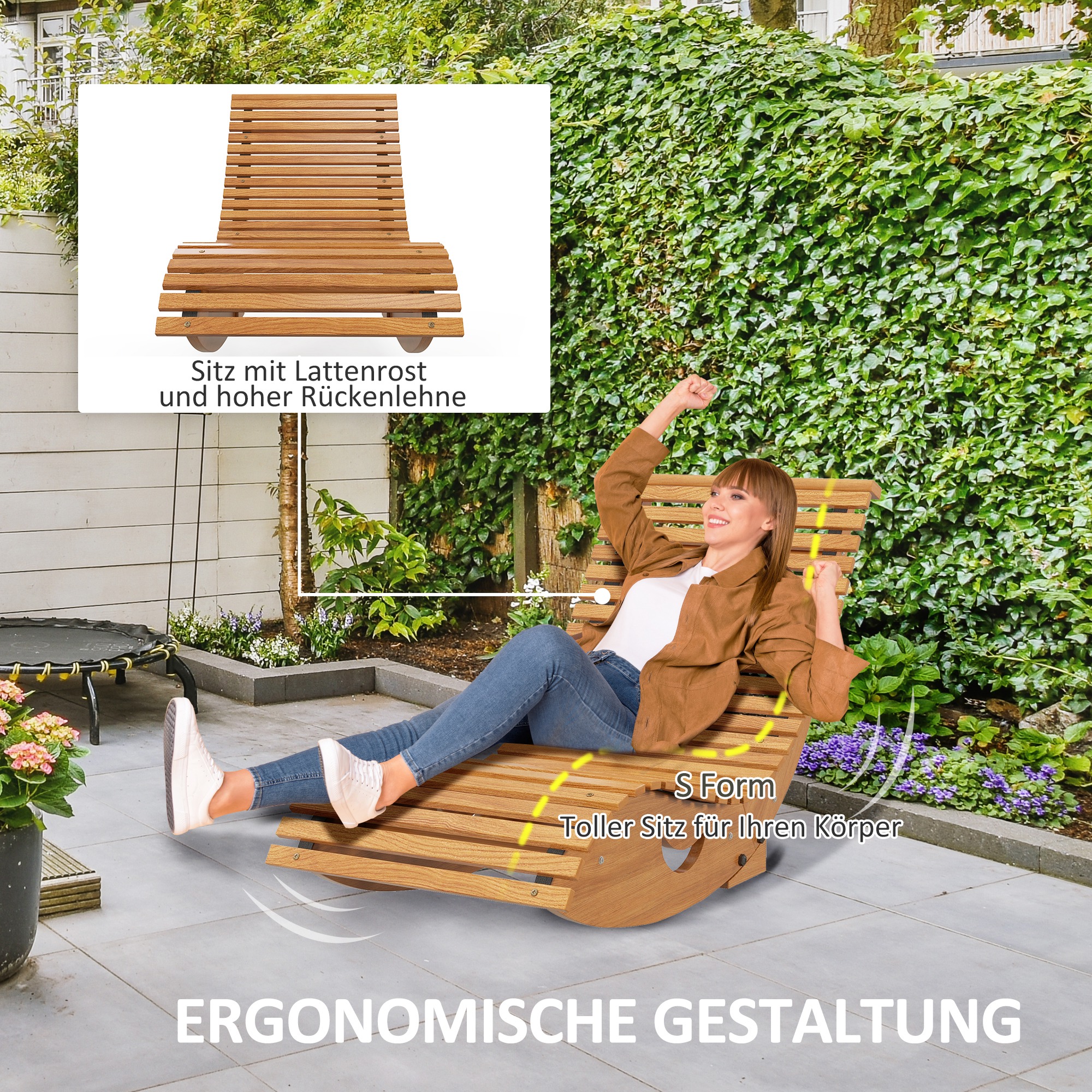 Outdoor Schaukelstuhl, Hochlehner, einstellbare Basis, Kiefernholz, 130 x 60 x 60cm, Hellbraun