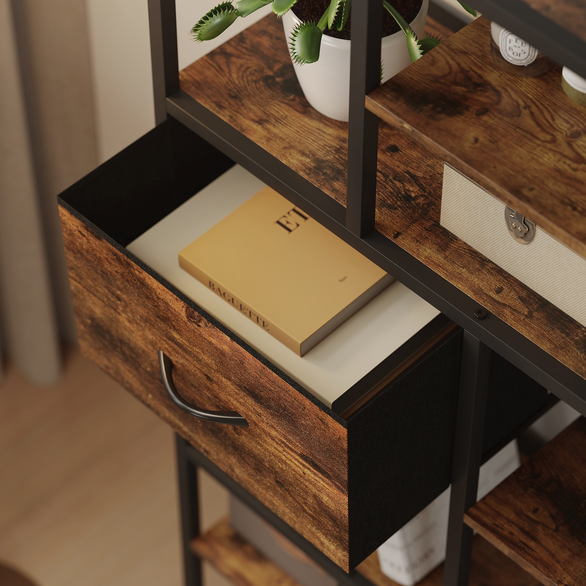 Aufbewahrungsregal, 2 Stoffschubladen, 9 offene Fächer, freistehendes Regal mit Stahlrahmen, Braun+Schwarz