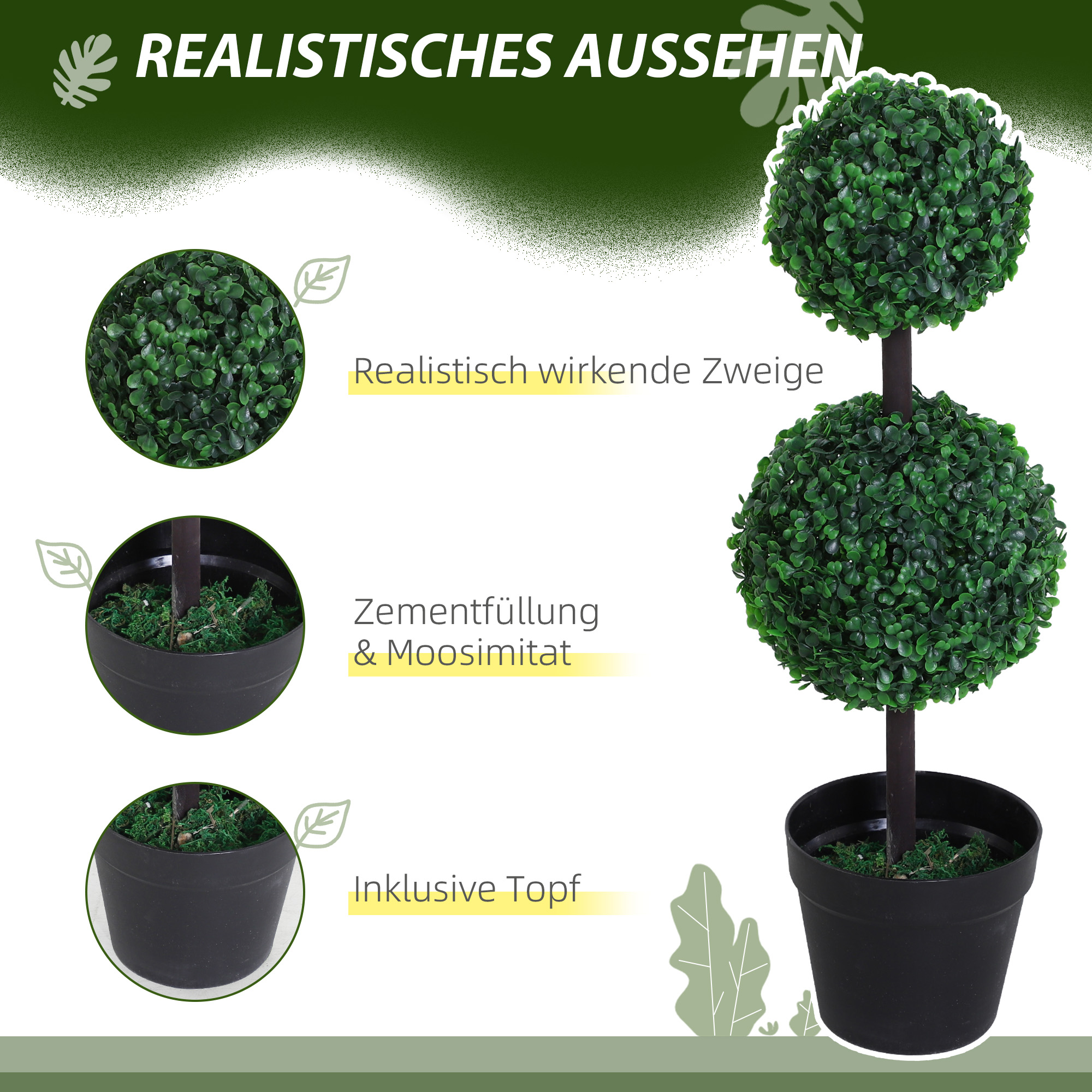 2er-Set Kunstpflanze, Künstliche Pflanzen im Kugeldesign, Kunstbaum im Zementtopf, Kunststoff-Pflanze, Grün+Schwarz