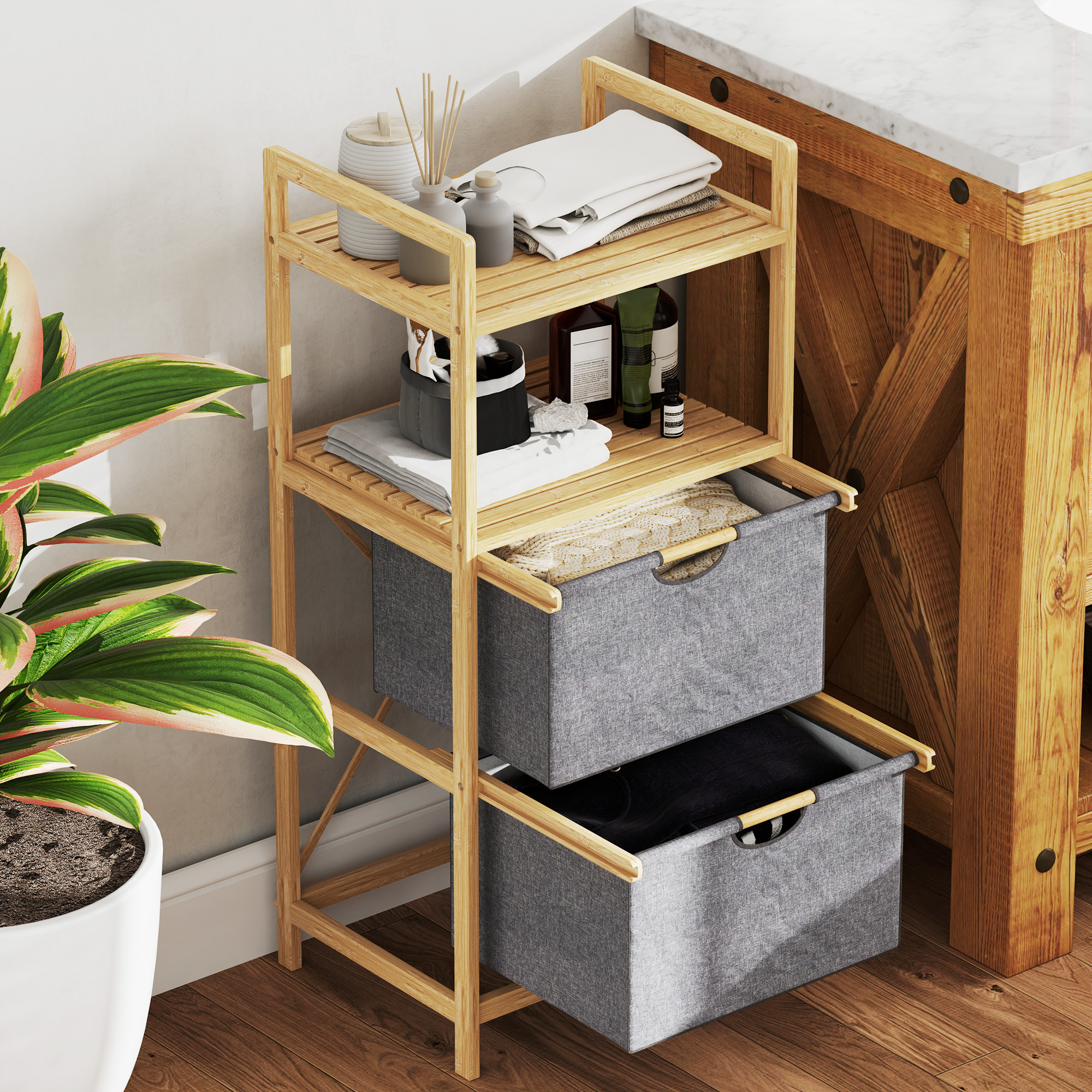Bambus-Wäscheregal, mit 2 Wäschekörben aus Stoff, offene Ablagen, platzsparend, Naturholz