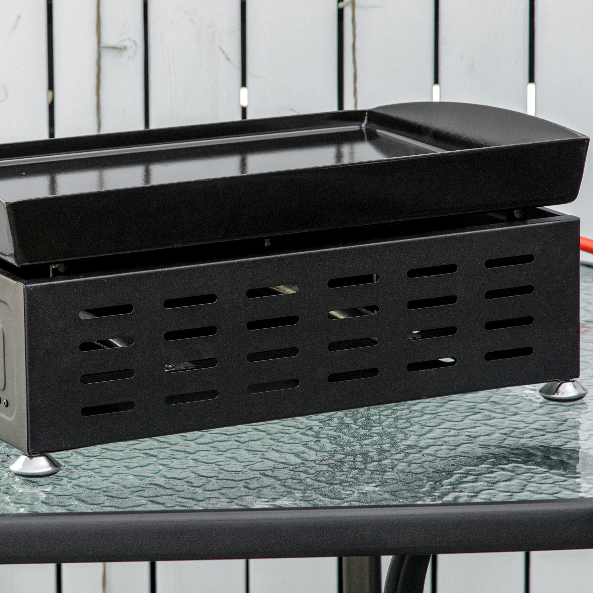 Gasgrill mit 2 Brennern, Schlauch, Antihaft-Grillplatte, Edelstahl, Farbe: Silber, 48,5 x 48 x 21 cm