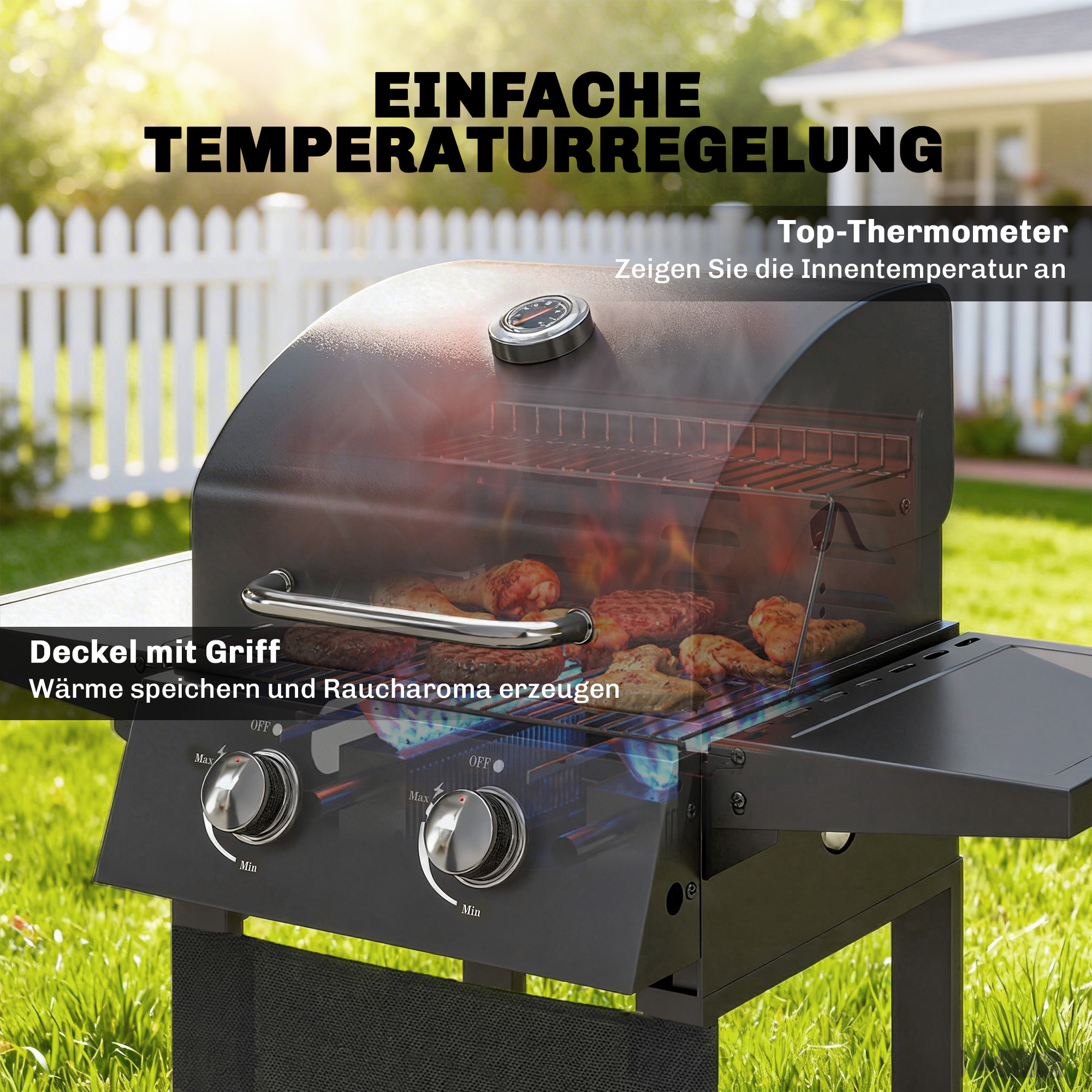 Gasgrill 5,4 KW 2 Brenner Stahl BBQ Grillwagen inkl klappbar Seitentisch Thermometer verchromter Grillrost Warmhalterost