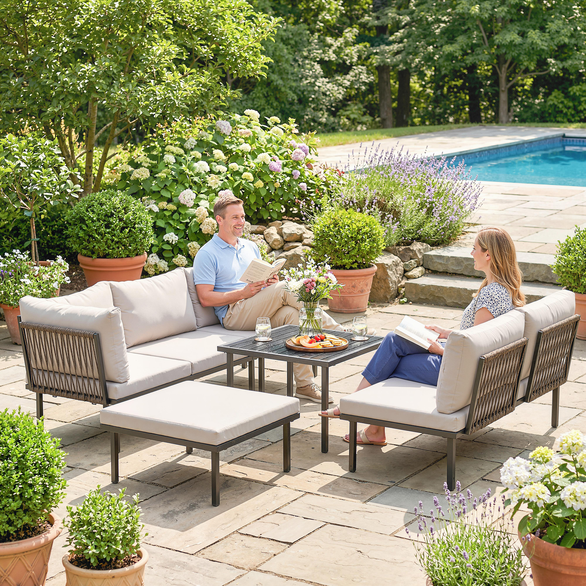 Lounge Gartenmöbel Set 5-6 Personen Gartenlounge Set mit 2 Sitzer Gartensofa 2 Stühle Eckstuhl Lamell-Tisch Fußhocker