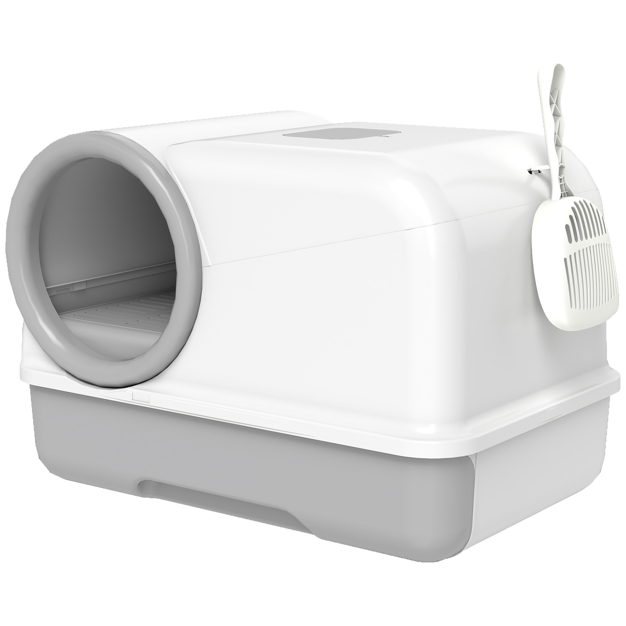 Katzentoilette mit Deckel Schaufel ausziehbares Tablett 2 Aktivkohlefilter für Katzen bis 5 kg 59x39,5x39,5cm Weiß+Grau