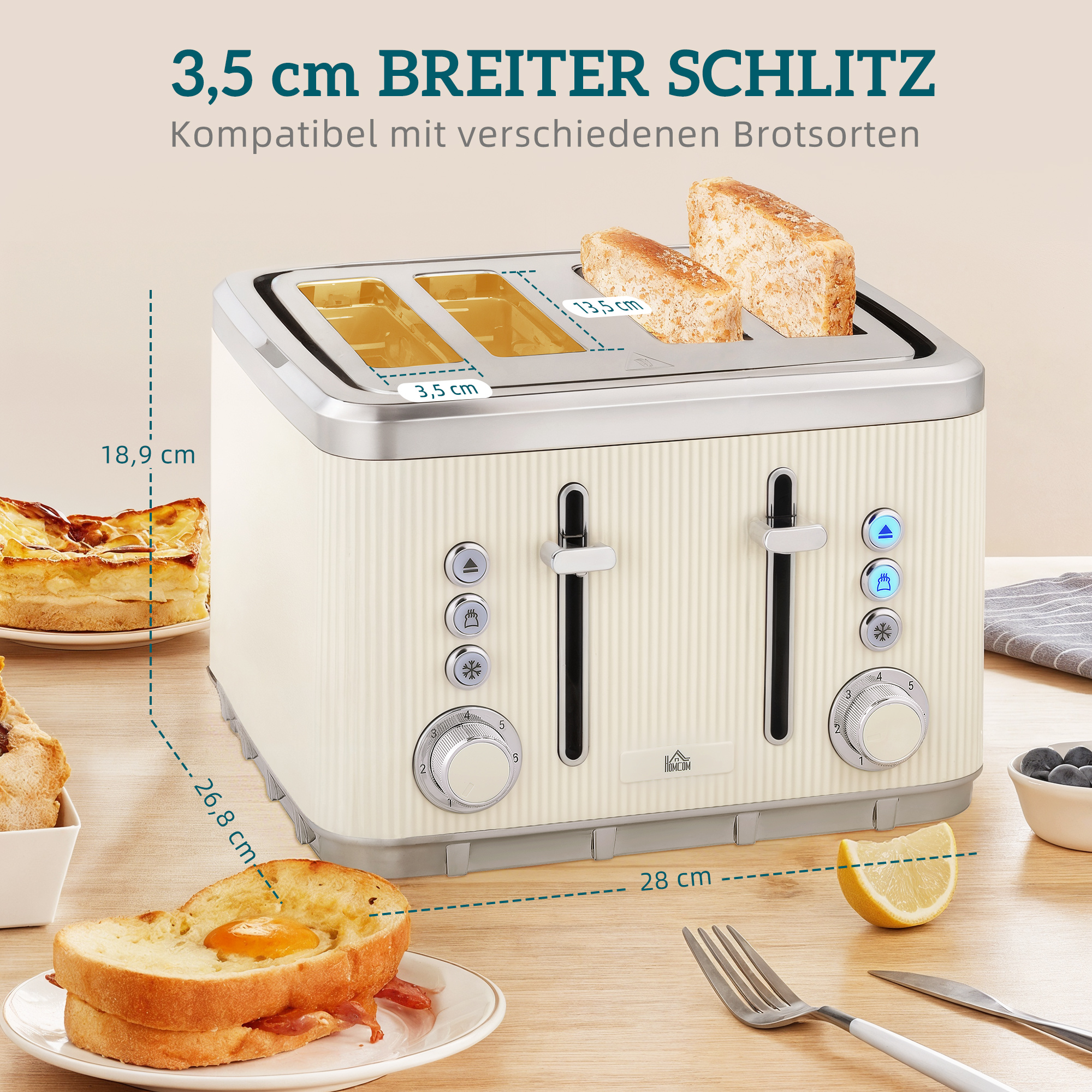 2200W, 1,7L Wasserkocher mit Schnellkochfunktion, Entkalkungsfilter und 4-Scheiben-Toaster mit 7 Bräunungsstufen, Creme