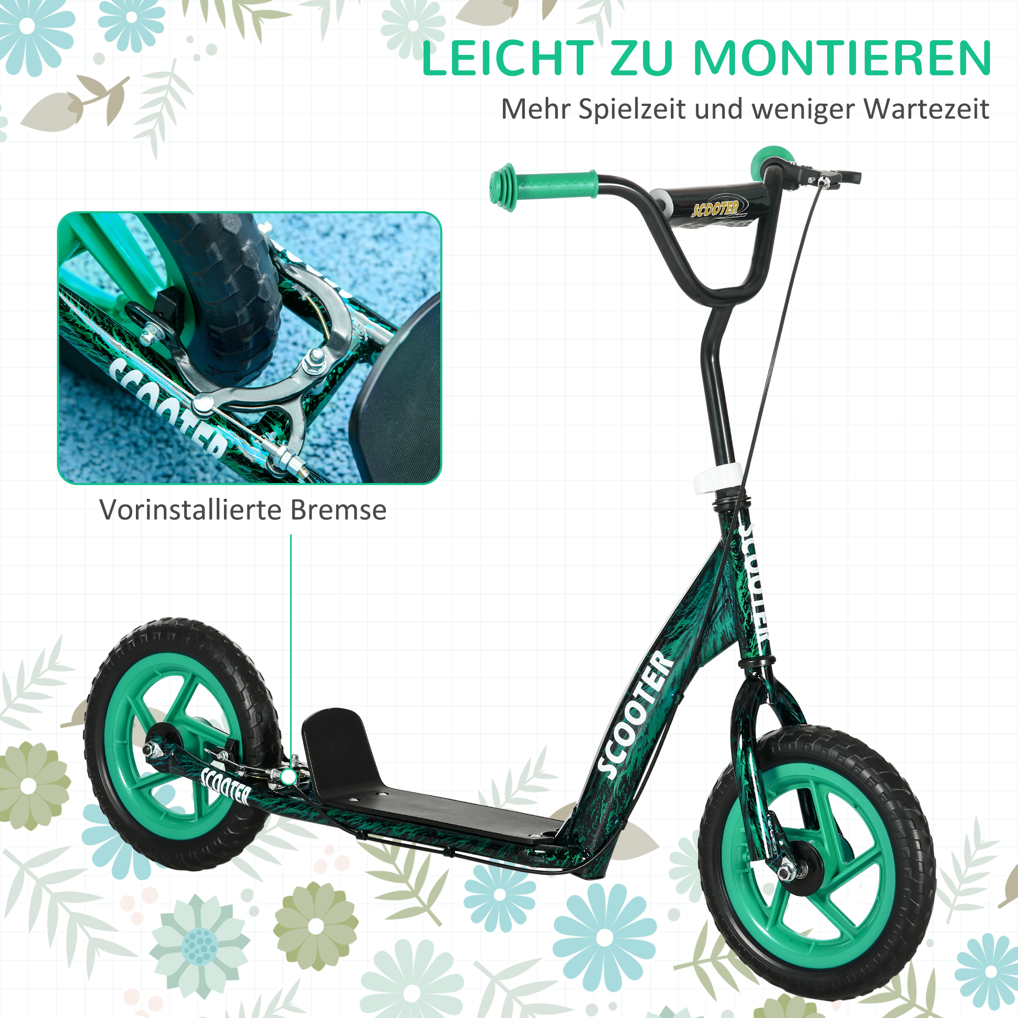 Kinderroller, höhenverstellbarer Tretroller für Kinder, mit Bremse, Ständer, 2 Räder, Stahl, Grün