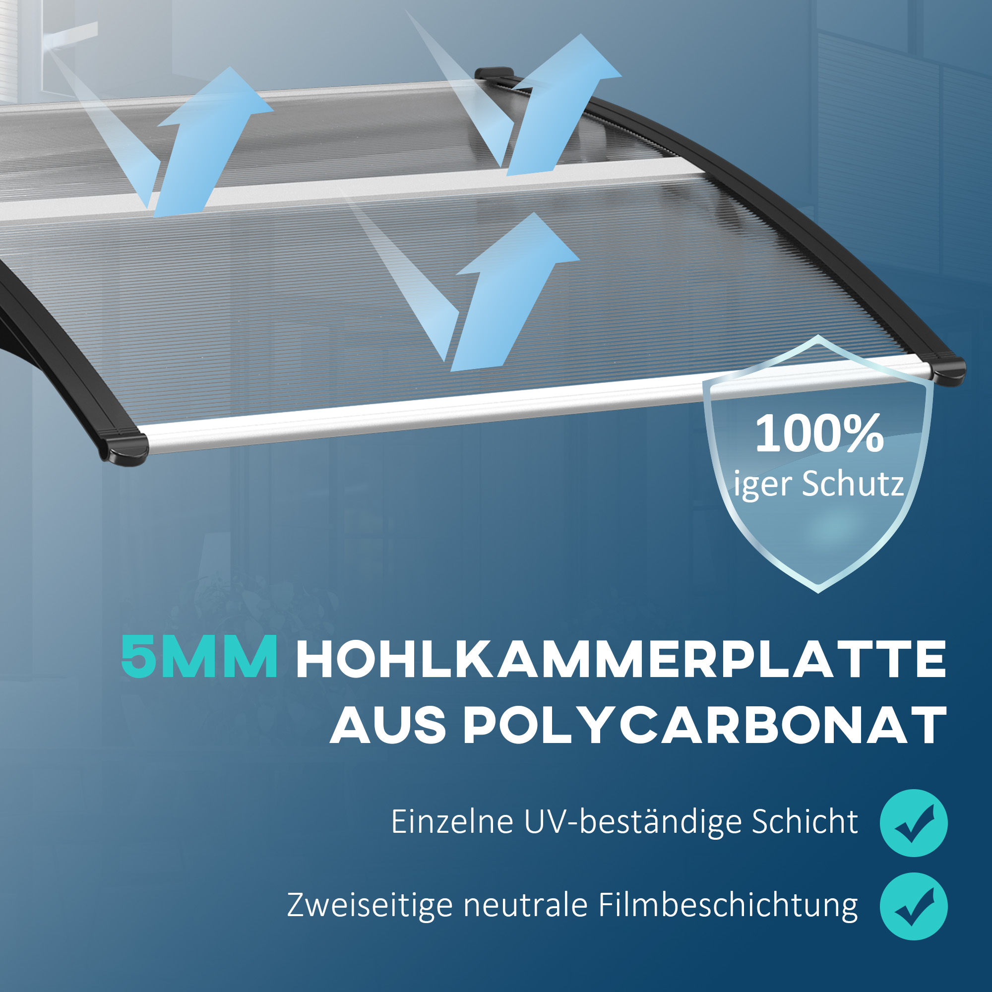 Vordach für Haustür/Fenster, wetterfest, transparent, Aluminium-Verbindungstangen/Polycarbonat, 103x96,5x27cm, Schwarz